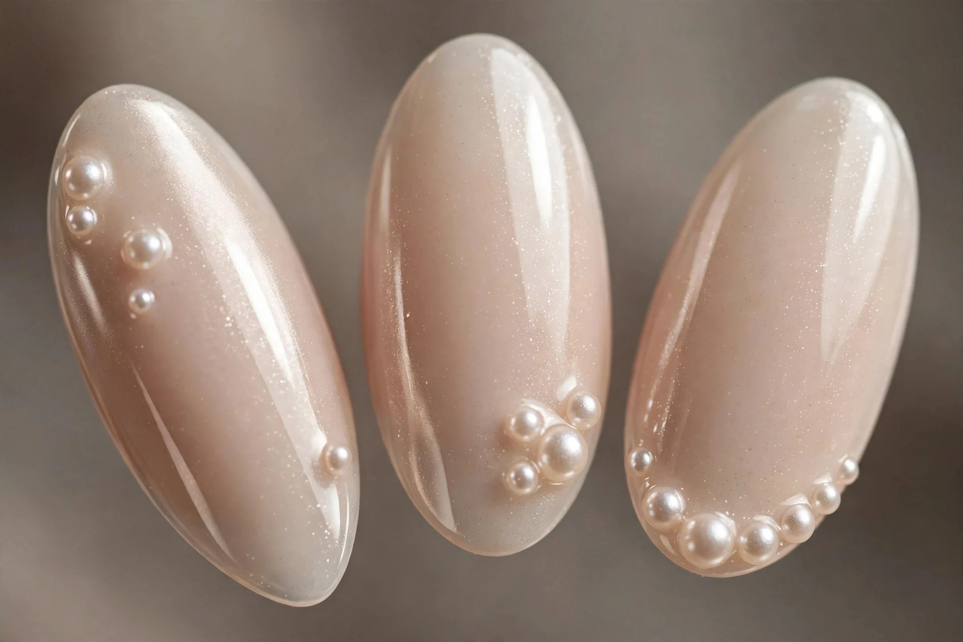 Milky champagne nails with pearl glaze and tiny pearl accents, almond