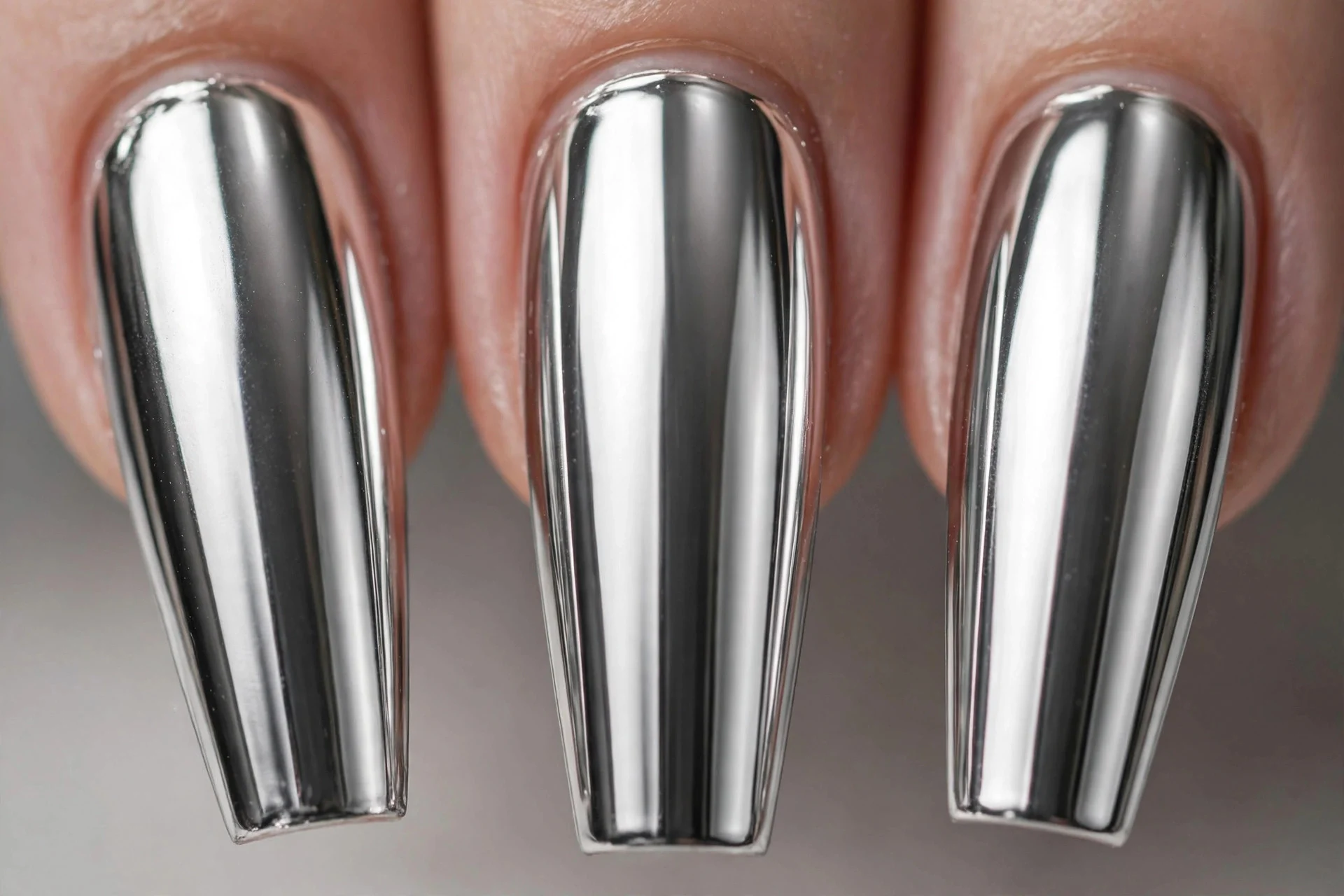 True mirror liquid silver chrome nails, long coffin, reflective