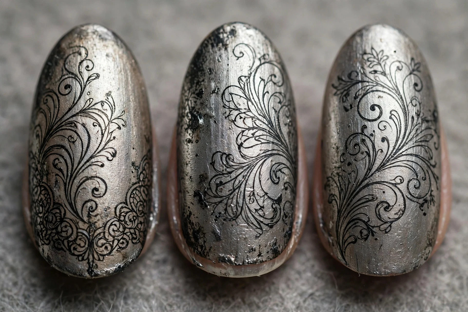Aged silver nails with fine dark filigree line art, medium almond
