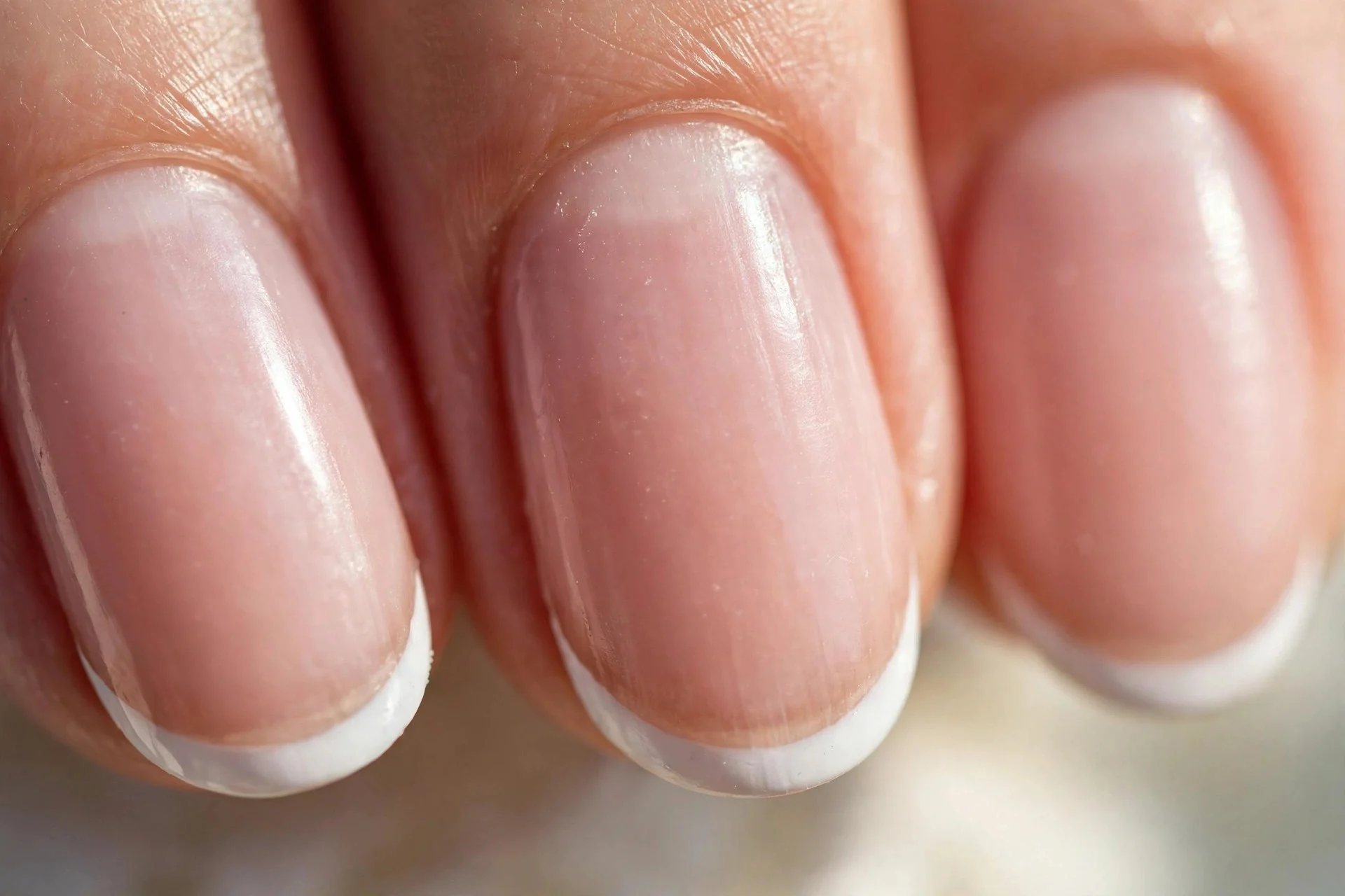 Sheer nude nails with thin white micro French tips, oval