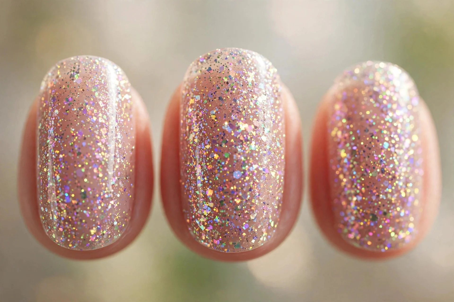 Nude nails with iridescent glitter topcoat, sparkling