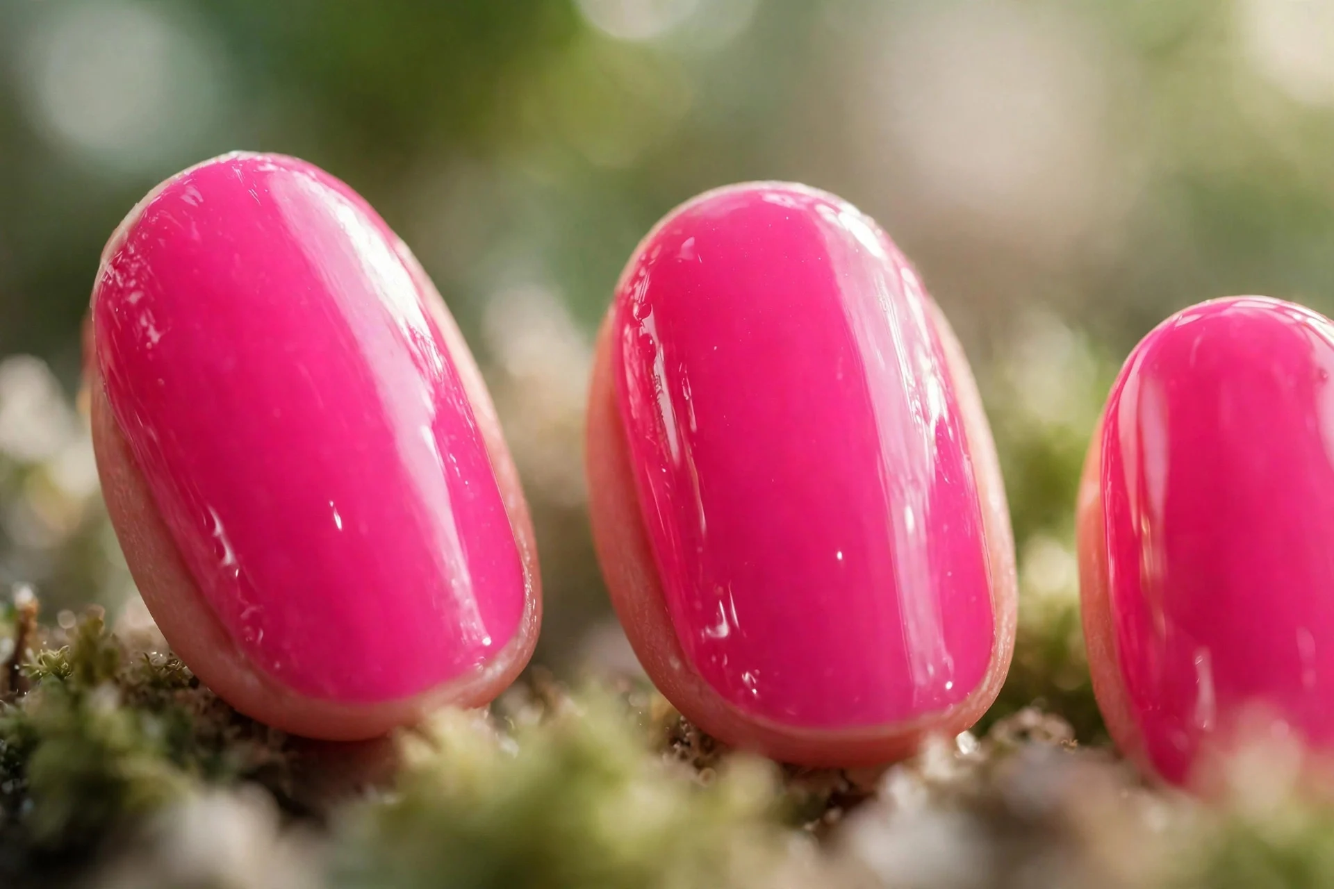 Hot pink gel polish, short oval nails, glossy