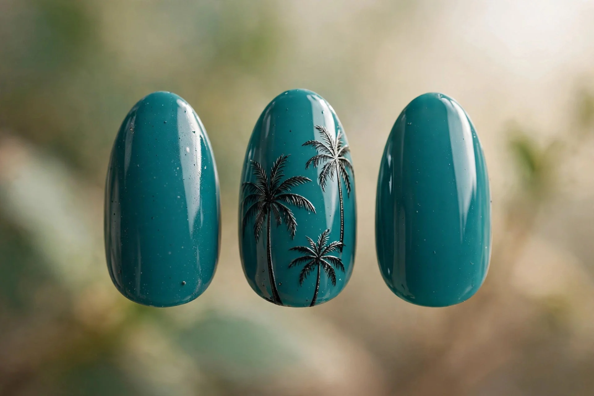 Teal nails with black palm-tree decals, almond