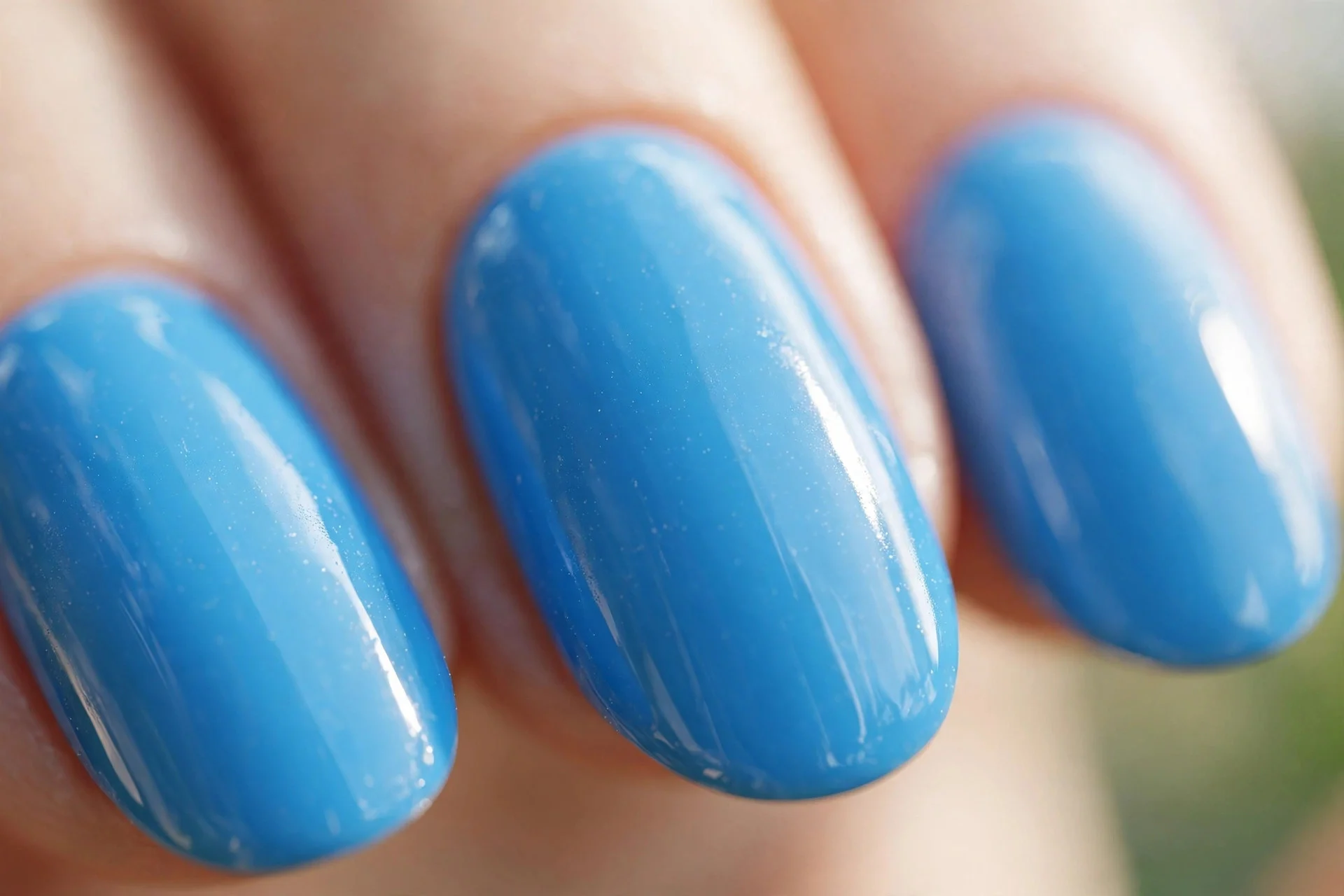 Bright sky blue gel polish, medium almond nails