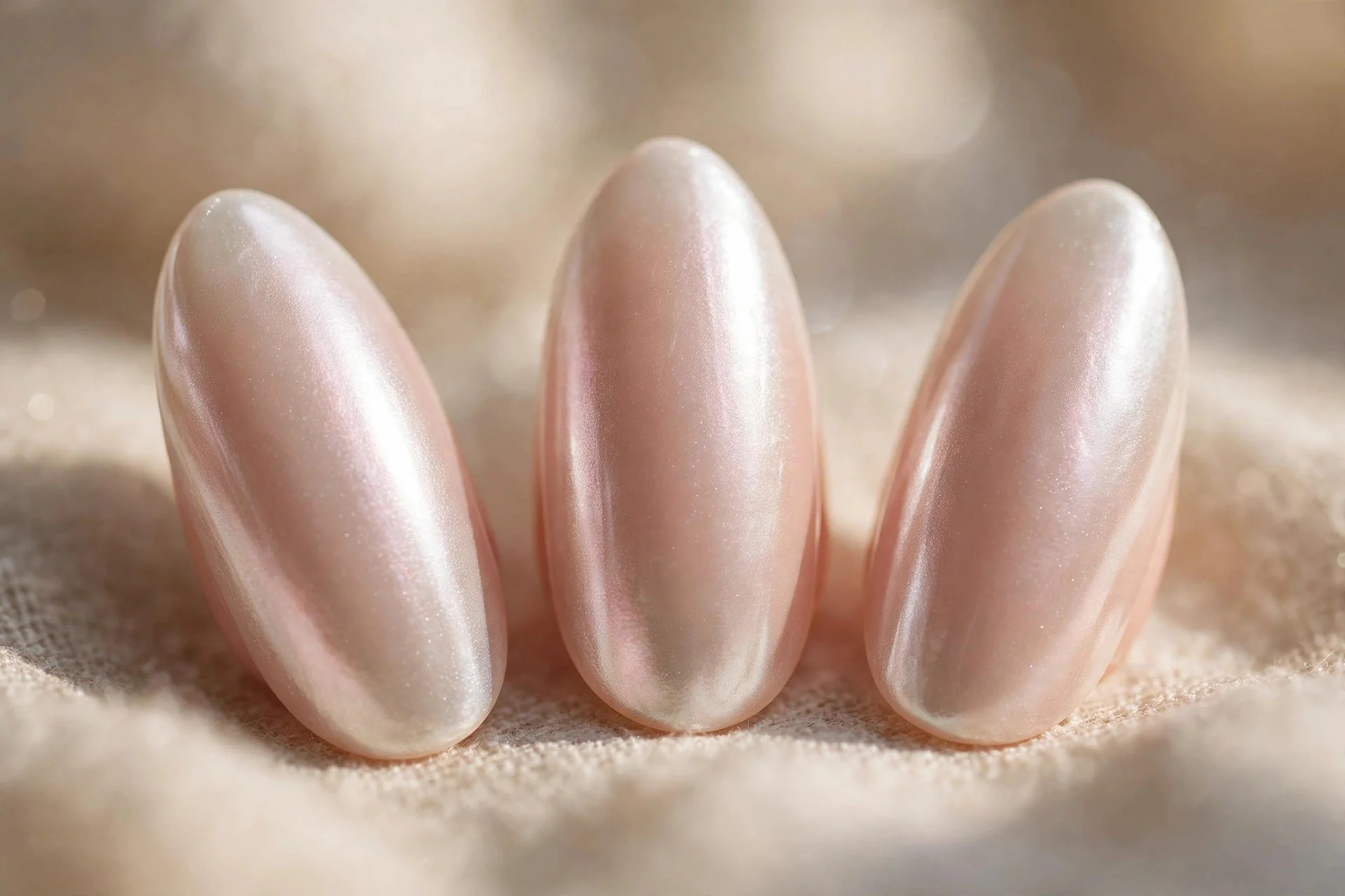 Pearl chrome over nude nails, almond, soft glow