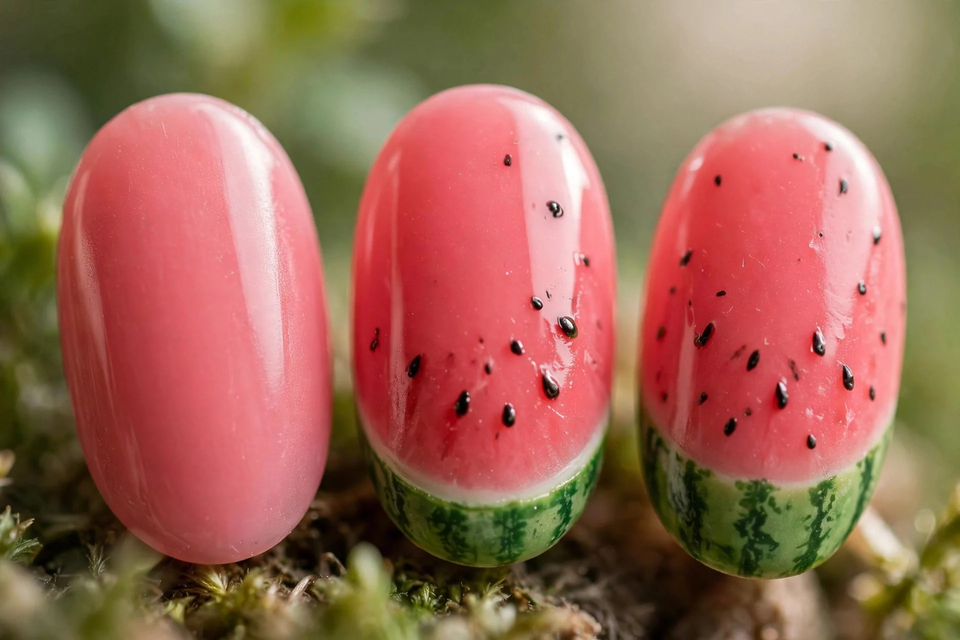 Watermelon pink nails with watermelon art on two accents, oval