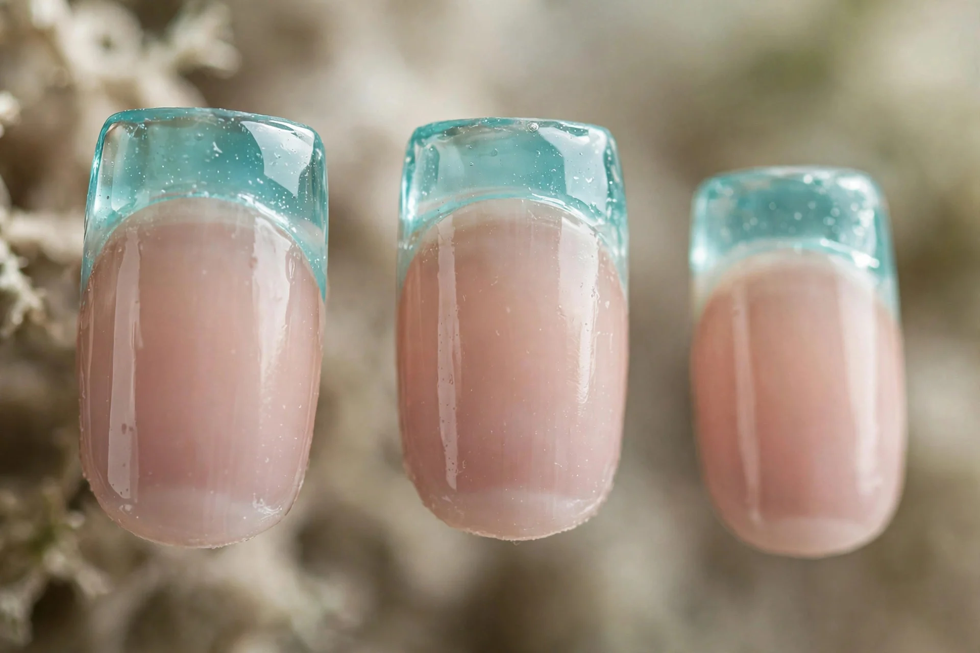 Translucent aqua jelly French tips, sheer nude base, square