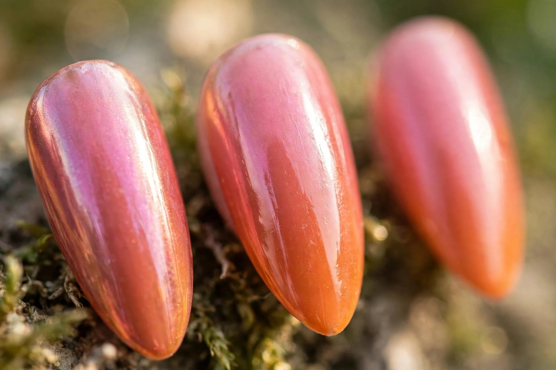 Pink to orange aura nails with chrome glaze, long almond
