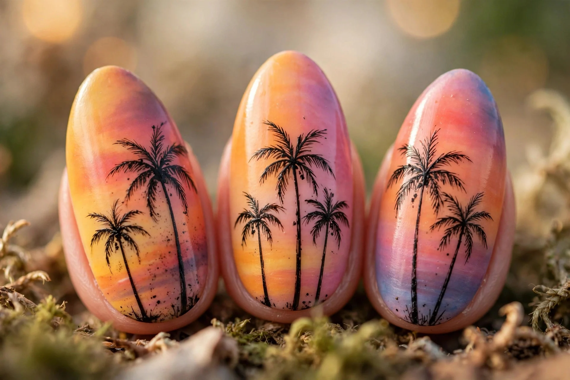 Sunset gradient nails with hand-painted palm trees, almond