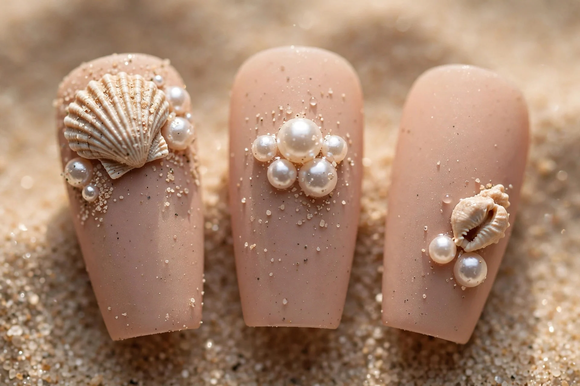 Sandy nude nails with 3D shell and pearl charms, coffin