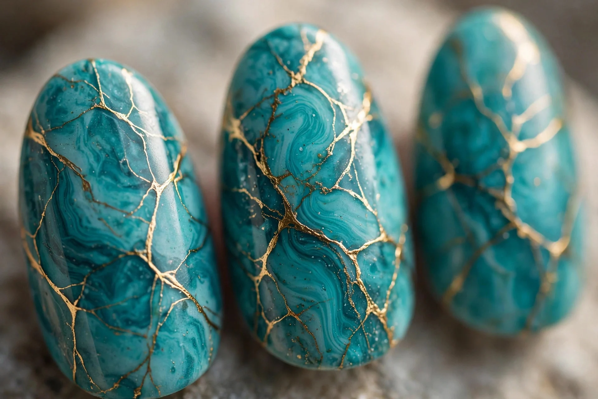 Teal and turquoise marble nails with gold veins, almond