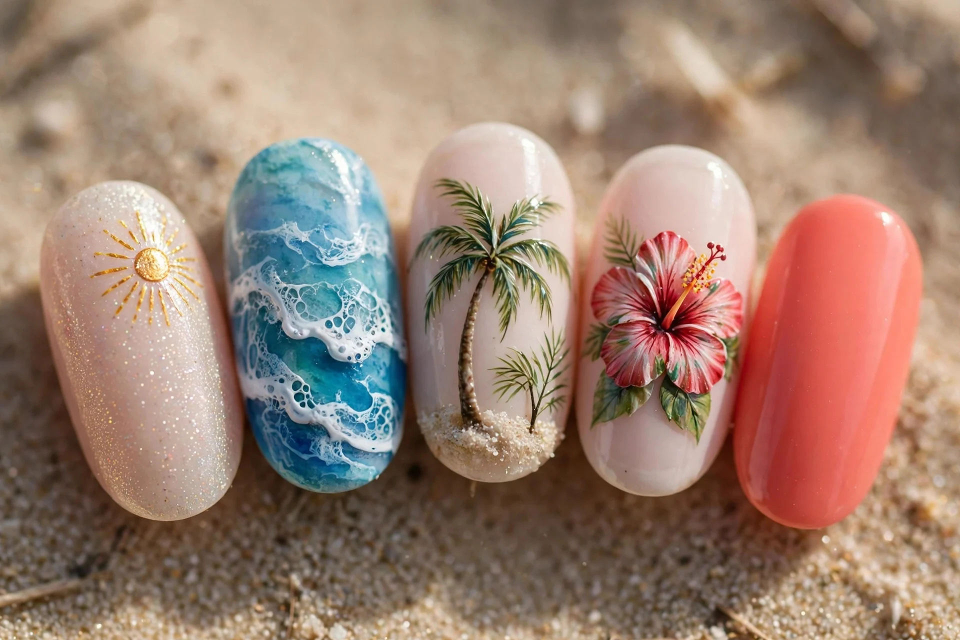 Five nails with beach art — sun, waves, palm, hibiscus, coral