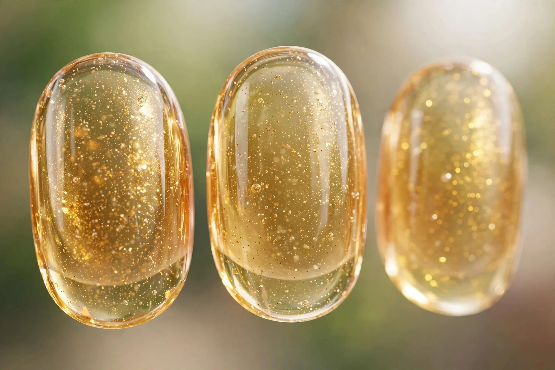 Translucent golden jelly nails with shimmer, oval