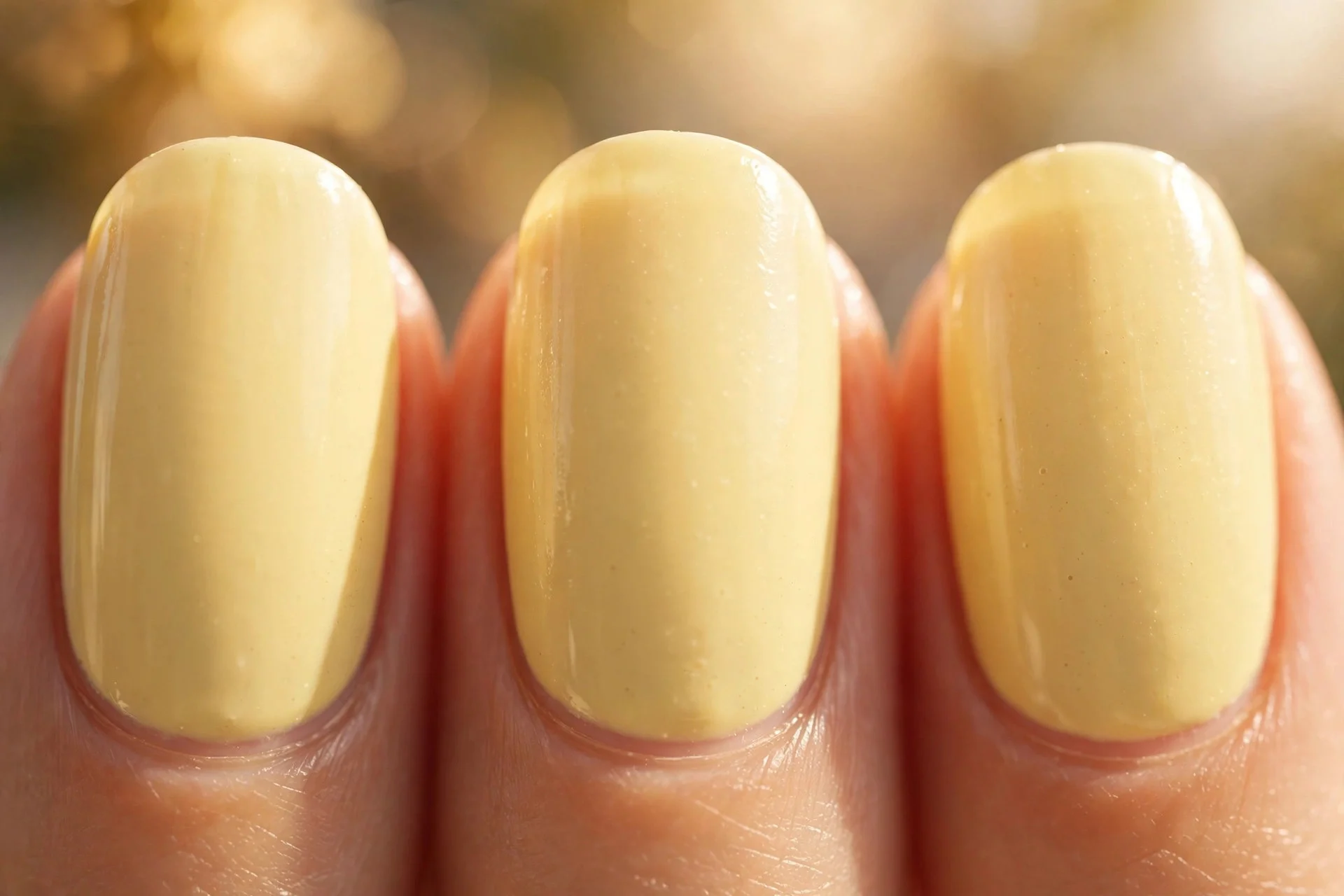 Butter yellow cream polish, short almond nails