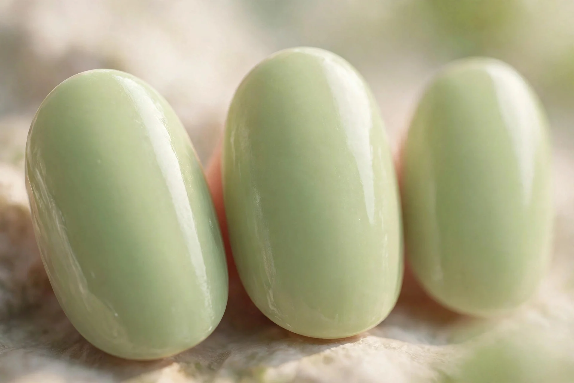 Milky pistachio green polish, oval nails