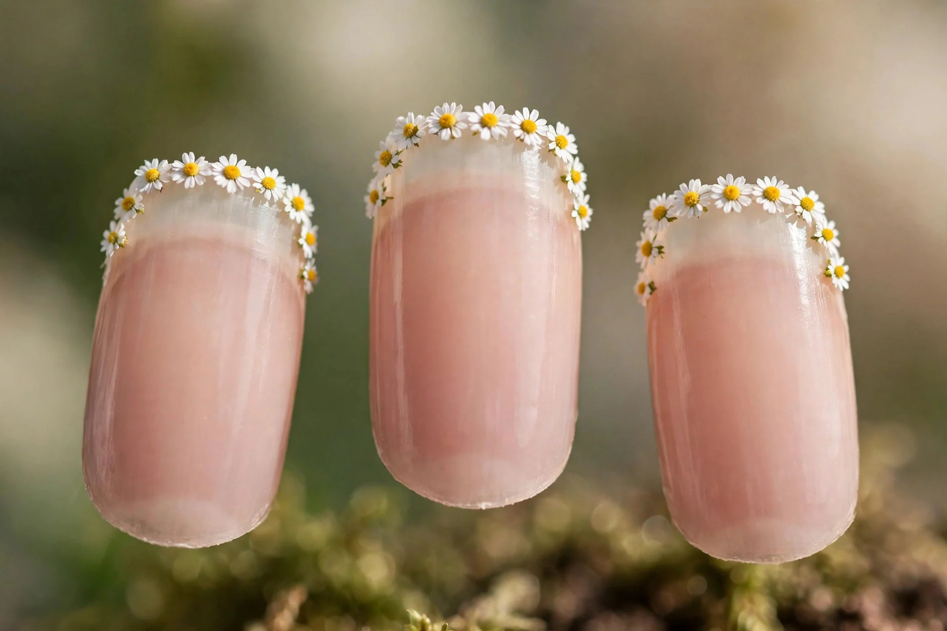Sheer nude nails with tiny daisy French tips, square