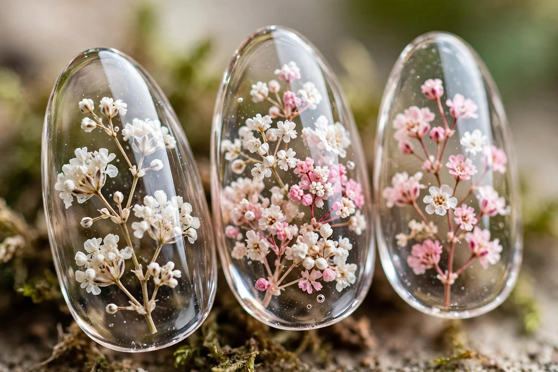 Clear nails with pressed tiny flowers inside, almond