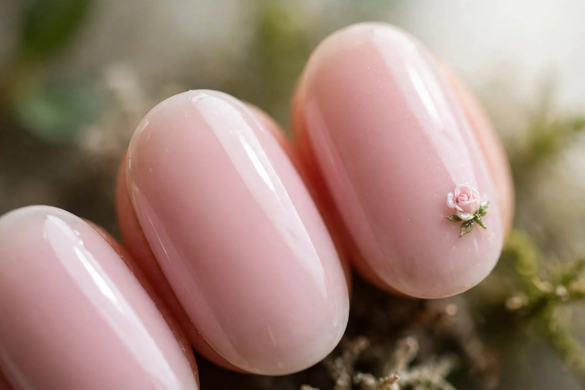 Milky pink nails with hand-painted rosebud on ring finger, oval