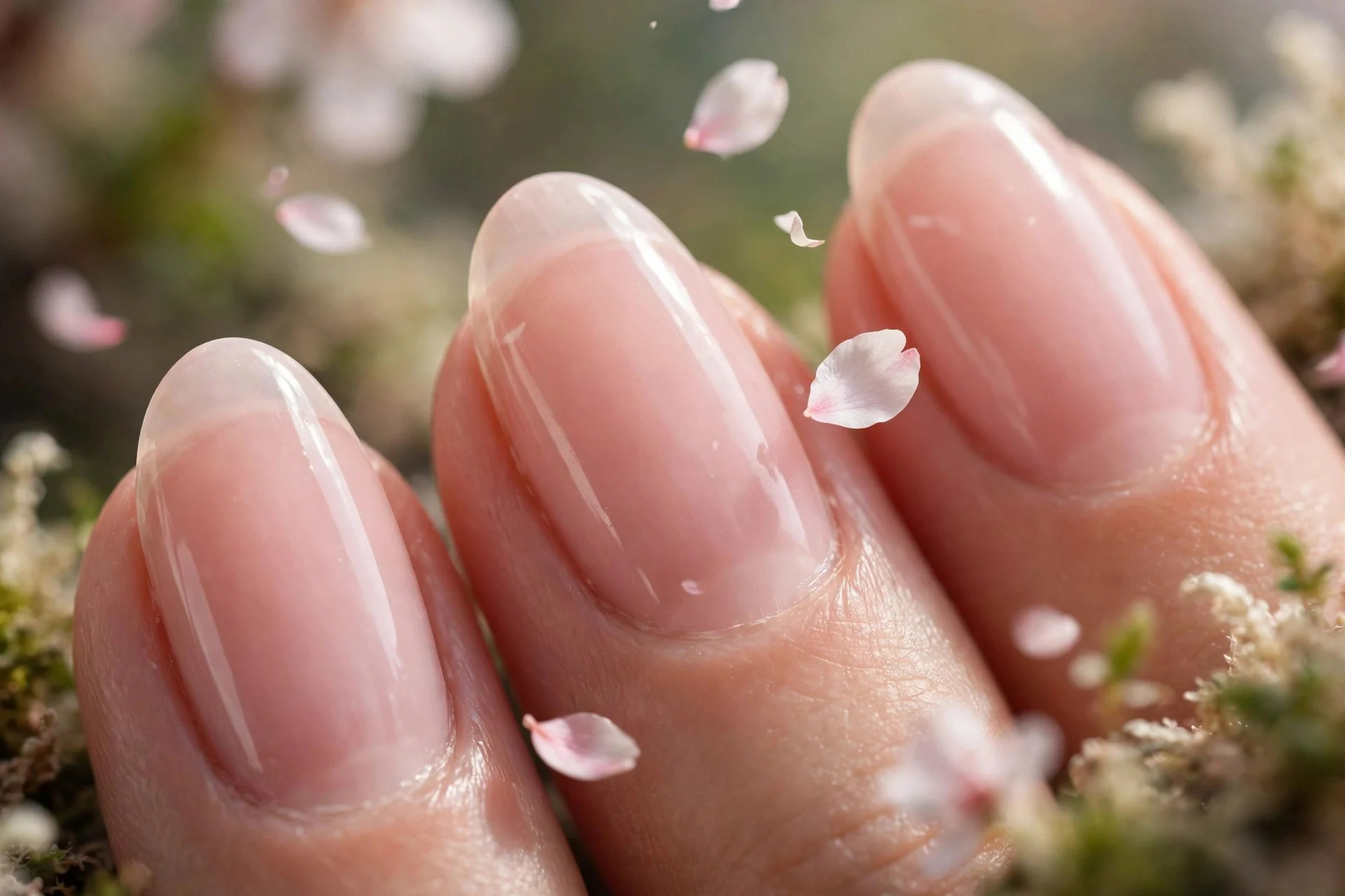 Sheer pink nails with cherry blossom petal art, almond