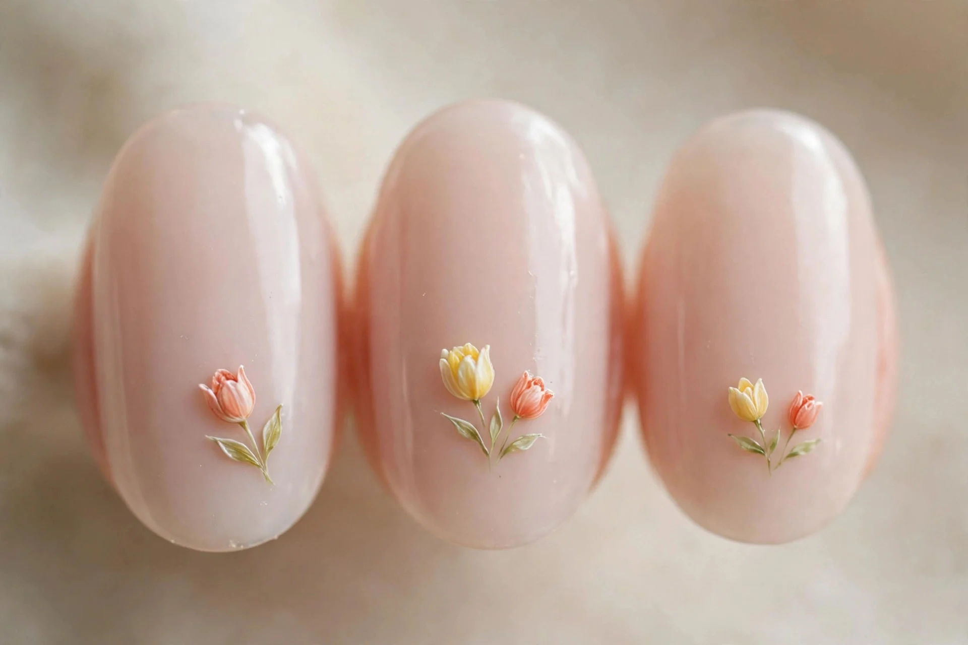 Milky nude nails with tiny coral and yellow tulips, oval