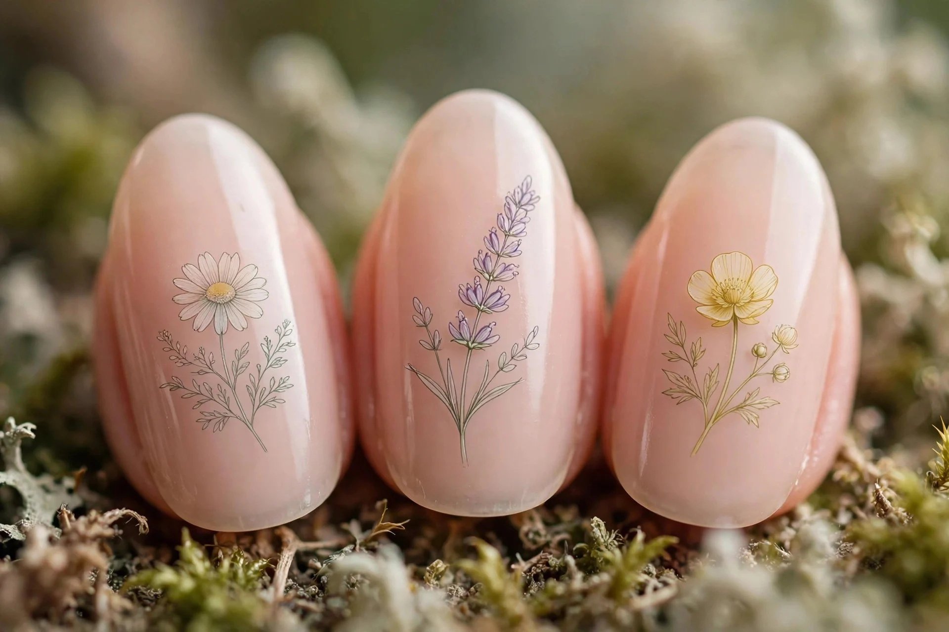 Nude nails with five tiny wildflower line-art designs, almond