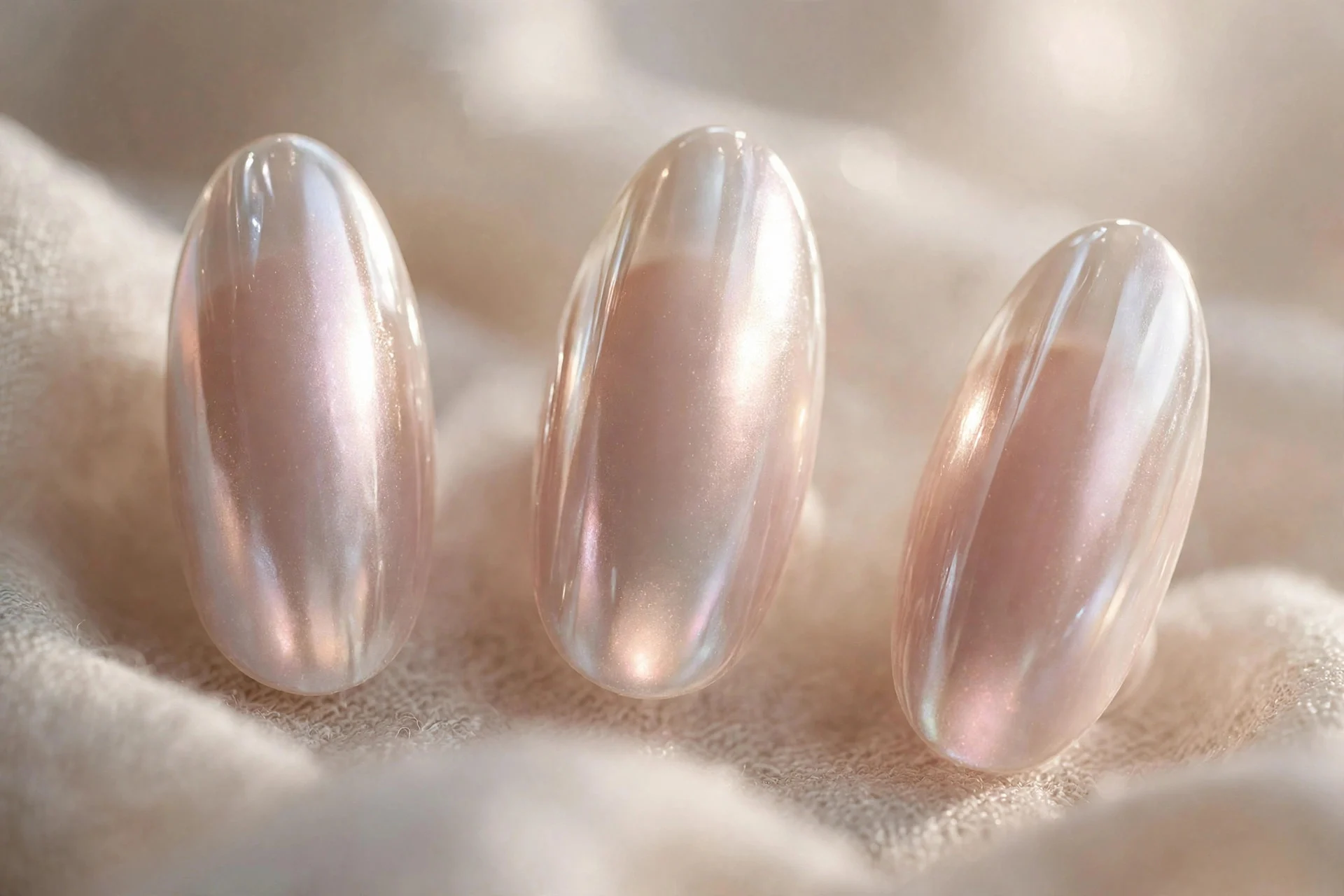 Pearl chrome glazed nails, nude base, almond