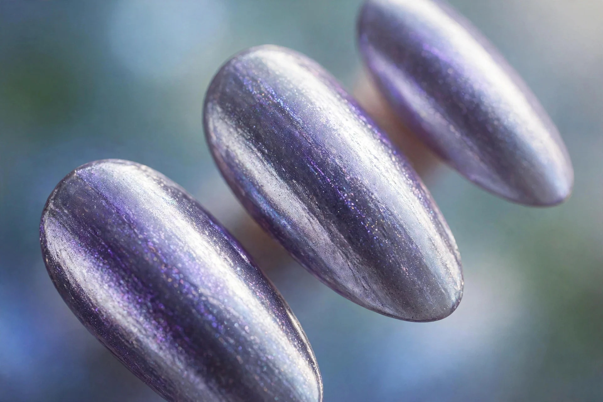 Lavender chrome nails shifting purple to silver, almond
