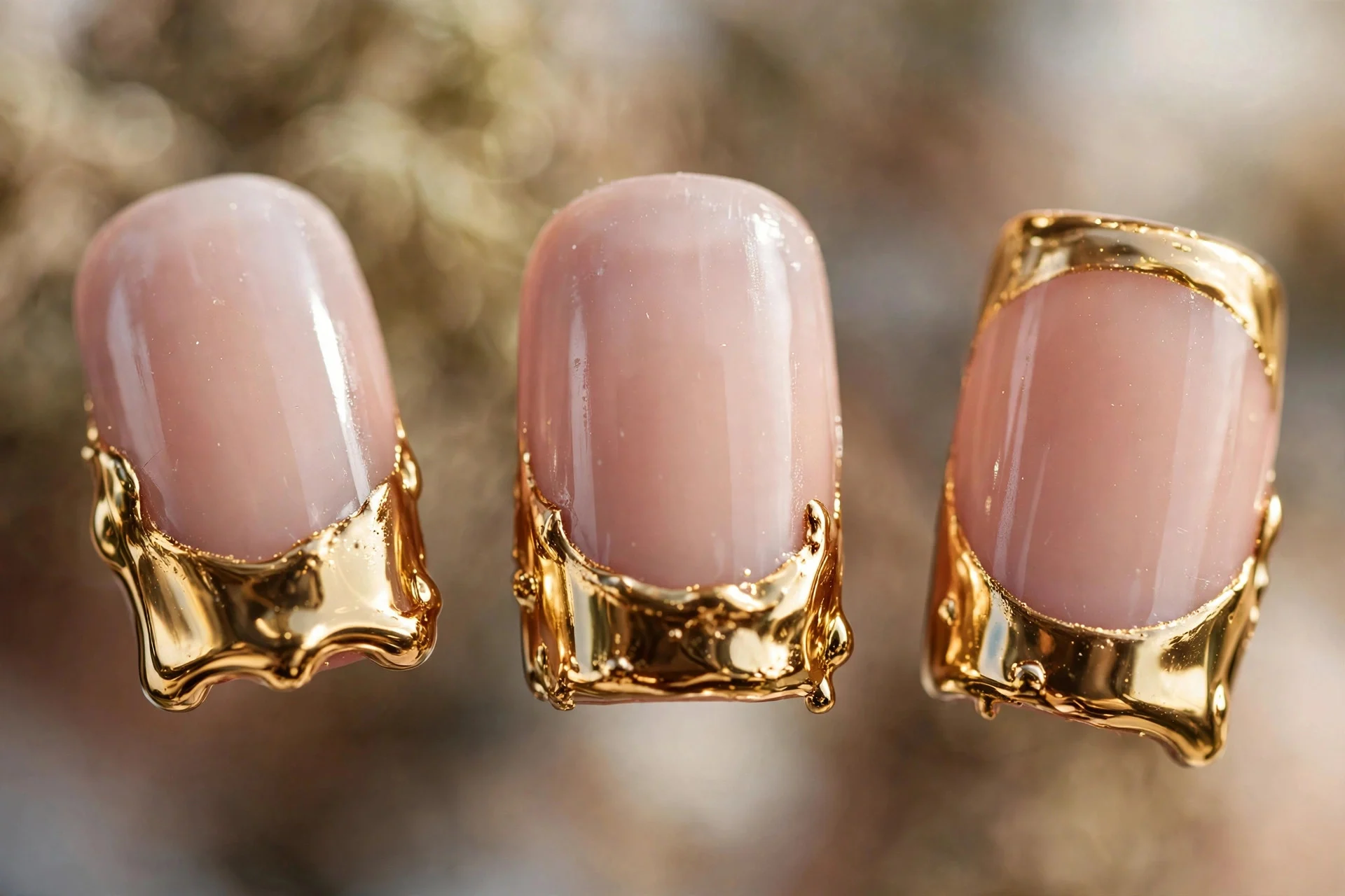 Sheer nude nails with gold chrome French tips, square