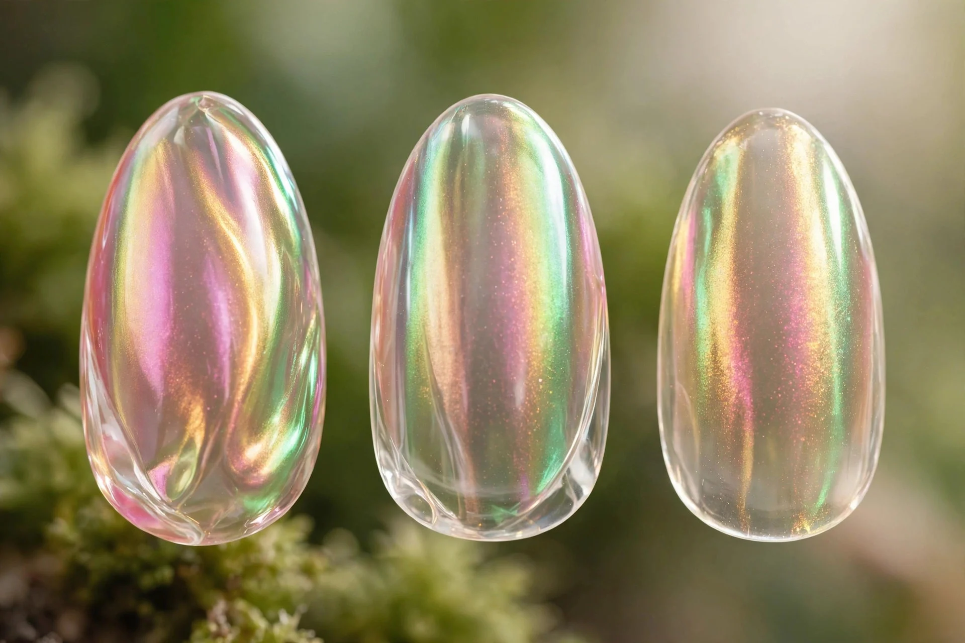 Iridescent aurora chrome nails, pink green gold shift, almond