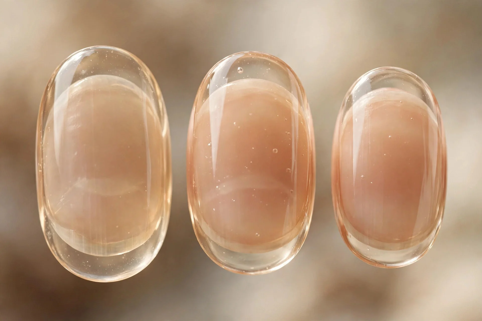 Translucent jelly nude nails, oval, glass-like