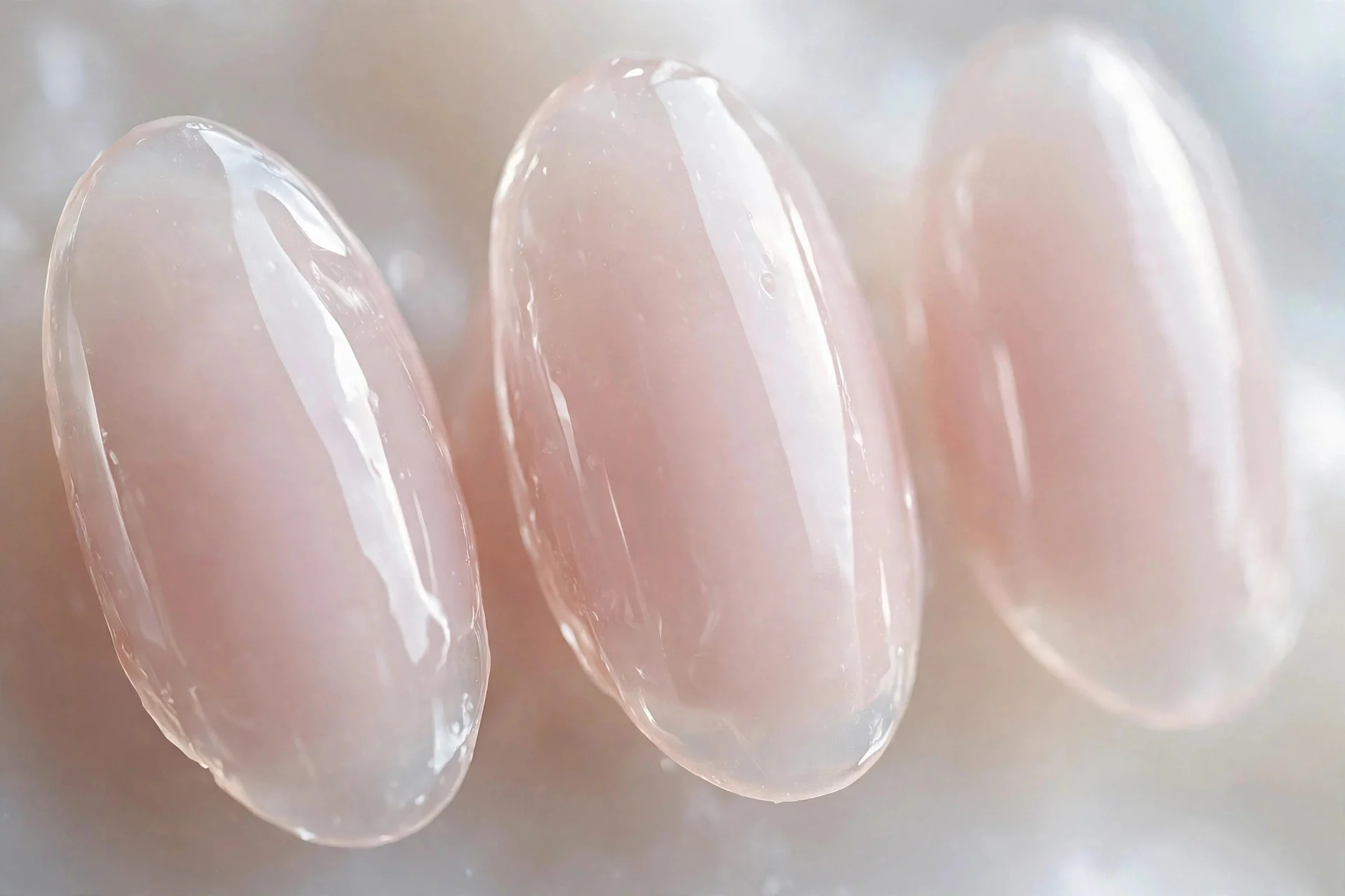 Milky translucent soap nails, almond, ultra-glossy