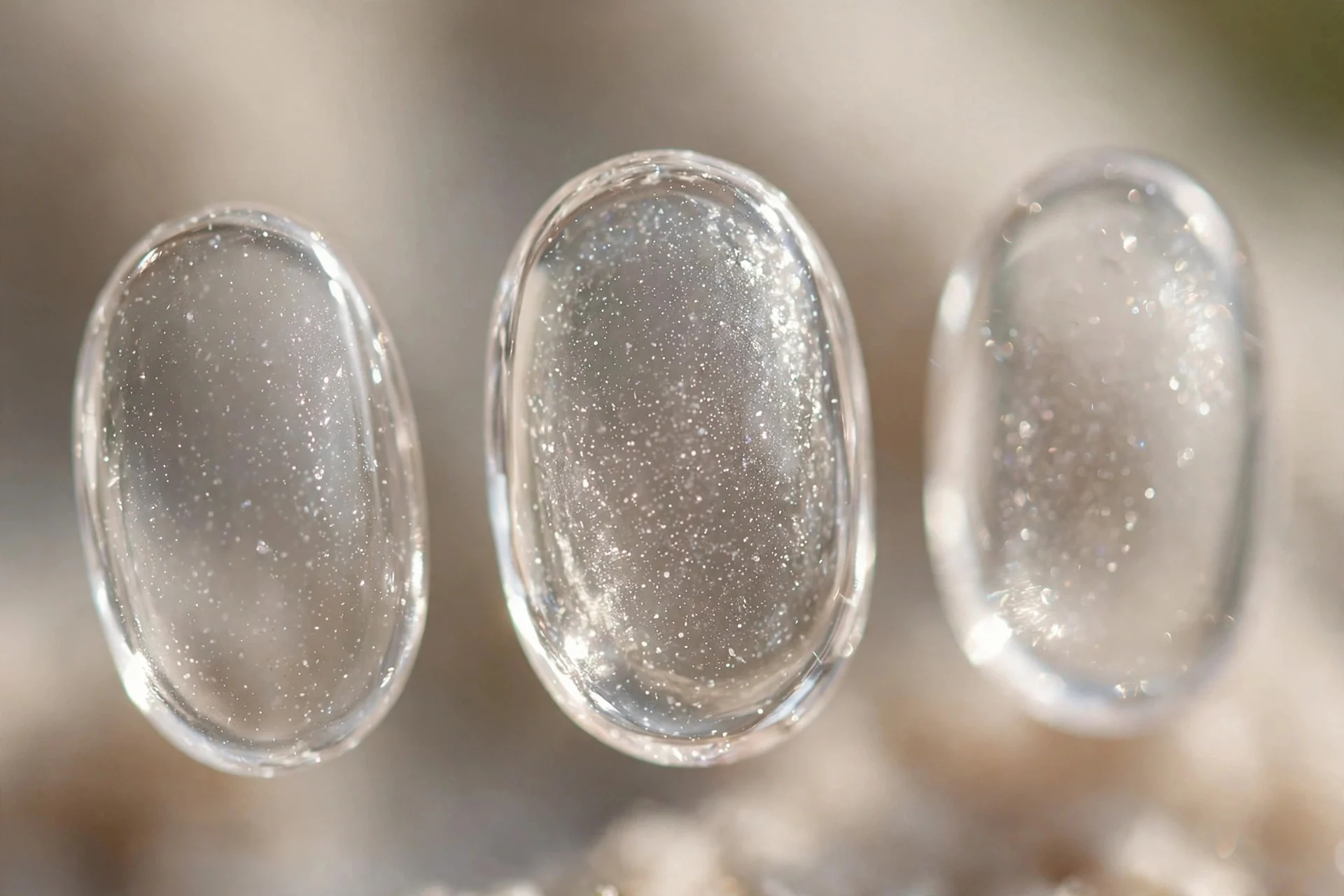 Clear nails with fine shimmer, oval