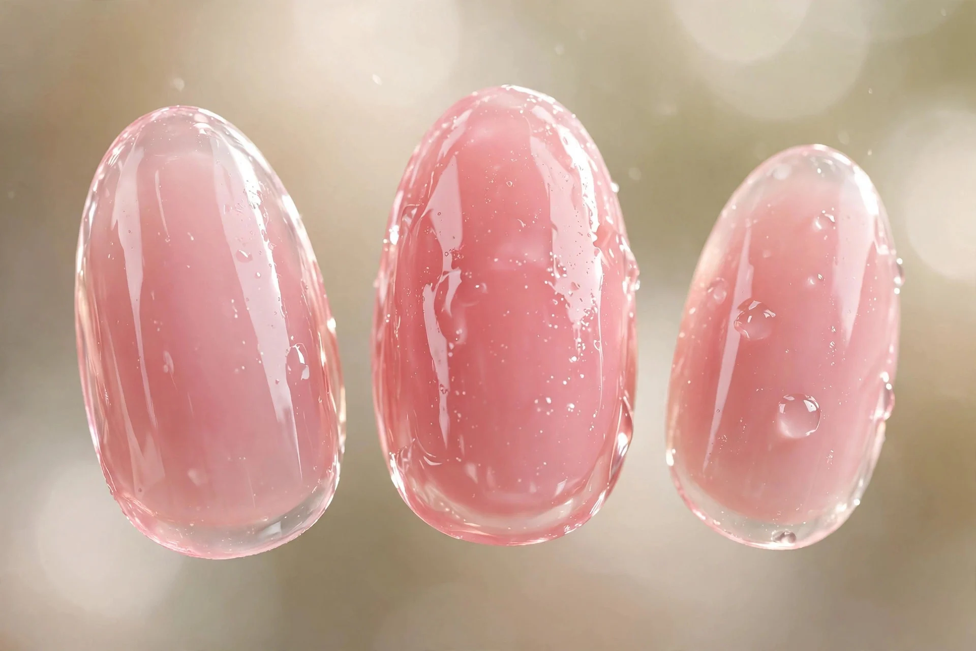 Translucent pink nails with wet lip-gloss shine, almond