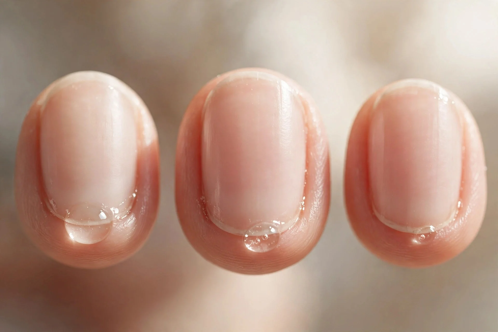 Natural buffed nails, no polish, healthy shine, oval