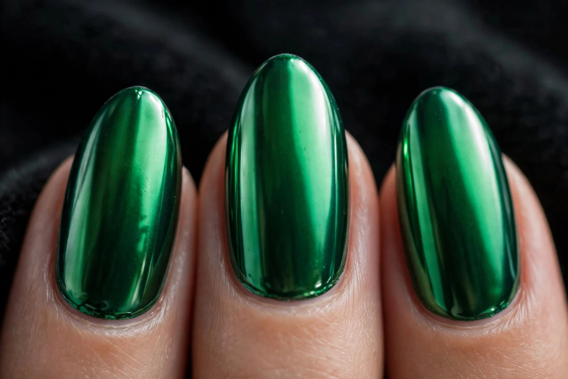 Almond nails with mirror-shine emerald green chrome finish, glossy, dark background
