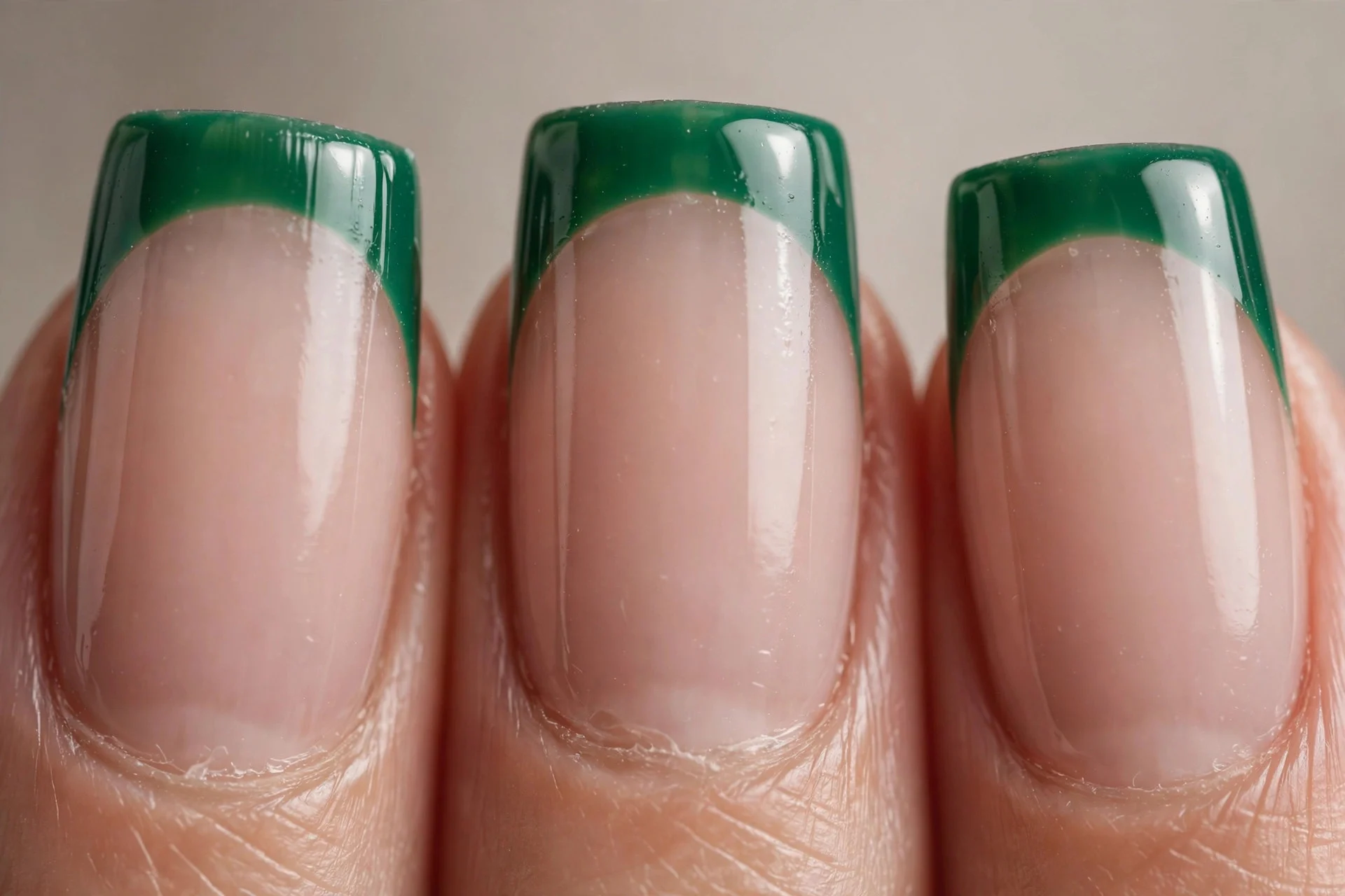 Square nails with emerald green French tips on sheer nude, glossy, neutral background
