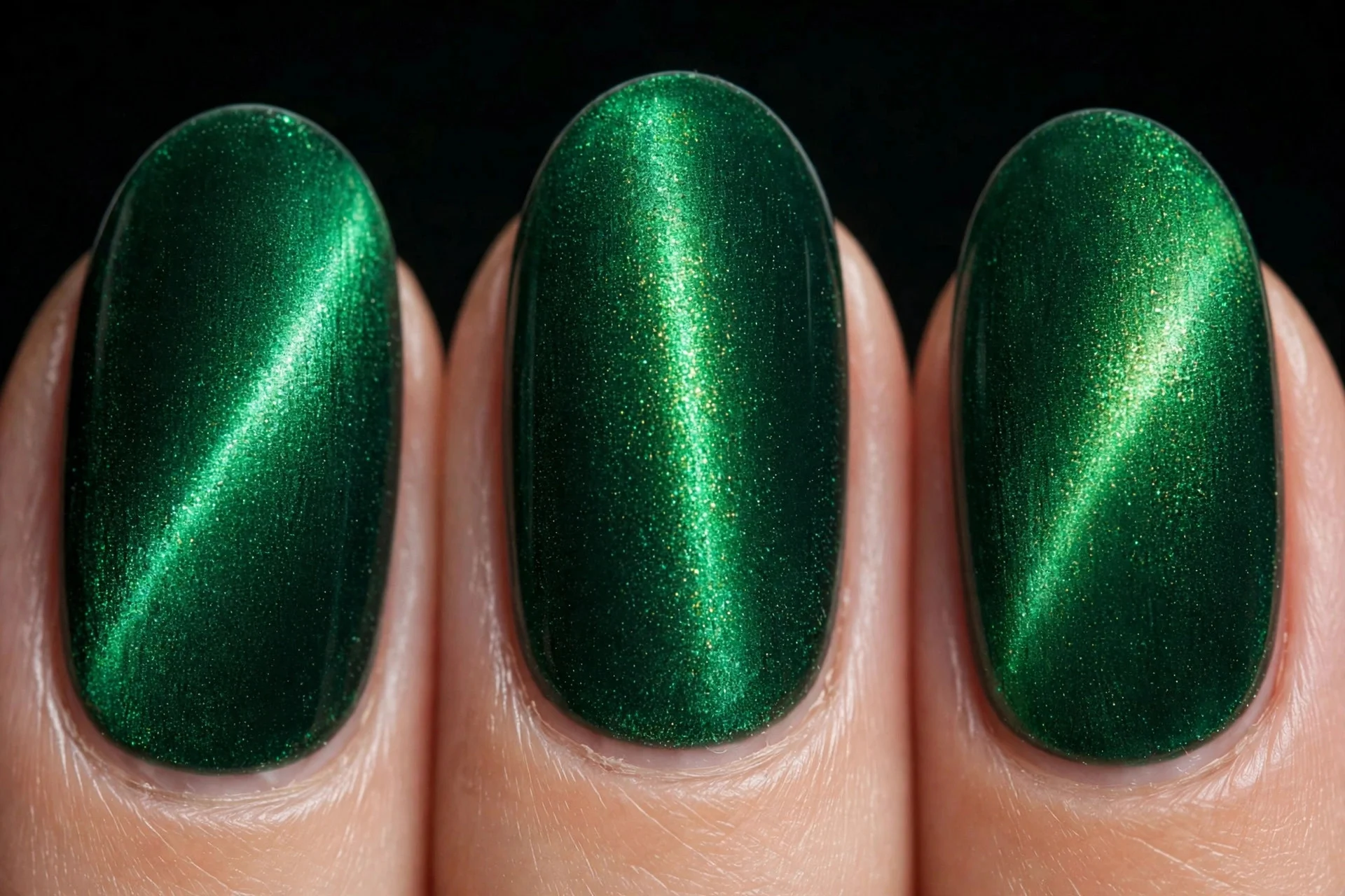 Oval nails with emerald velvet magnetic cat-eye shimmer, glowing, dark background