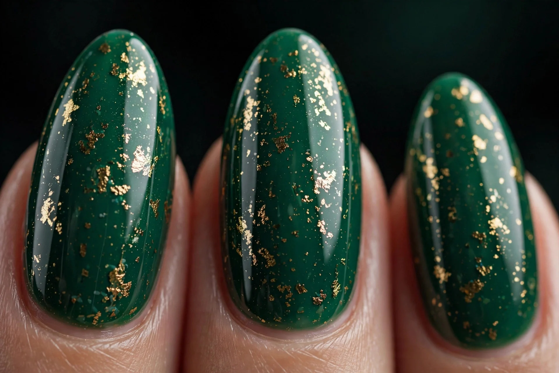 Almond emerald nails with scattered gold foil flecks, glossy, dark background