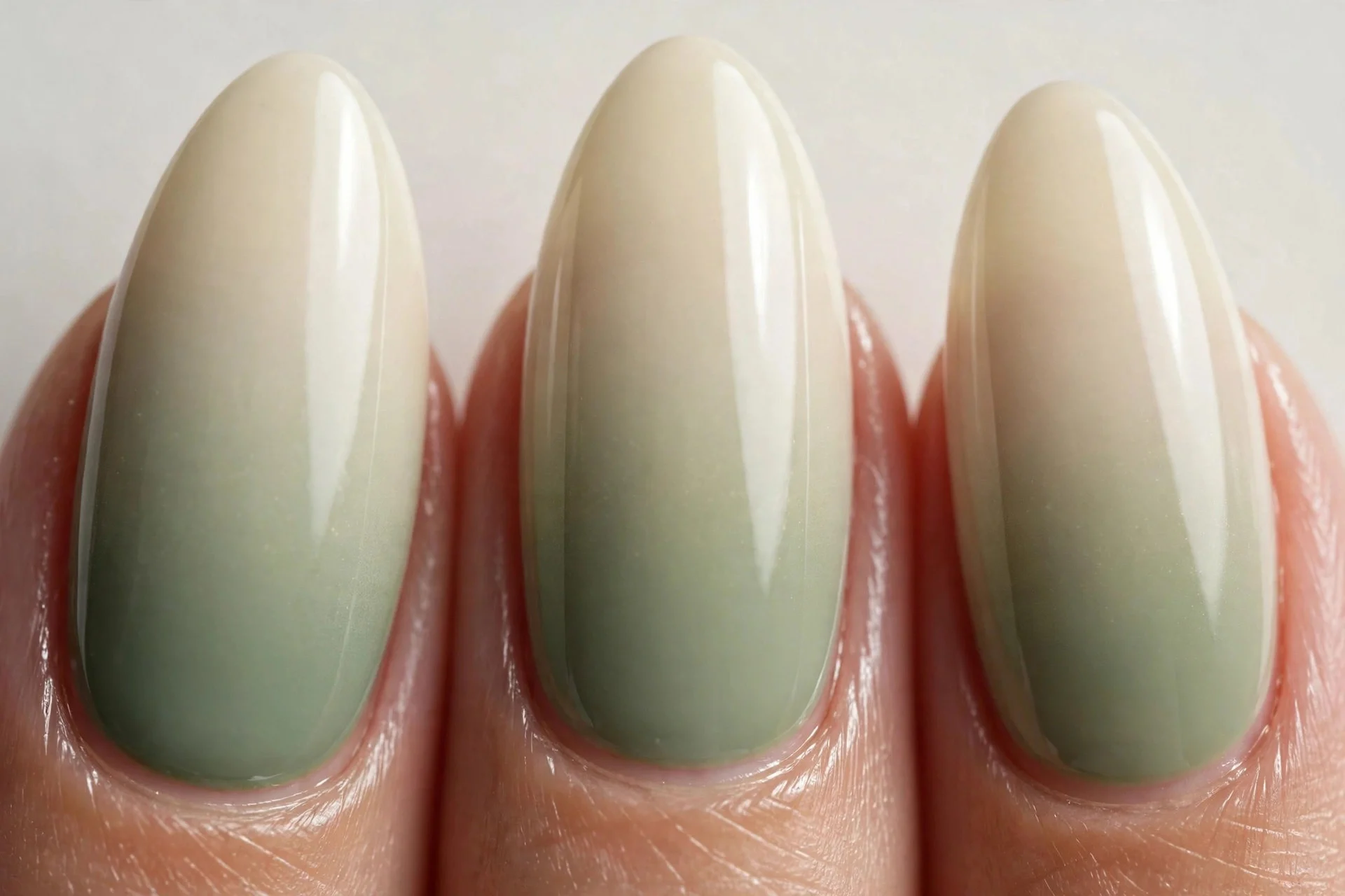 Almond nails with sage green to cream ombr&eacute; gradient, glossy, light background