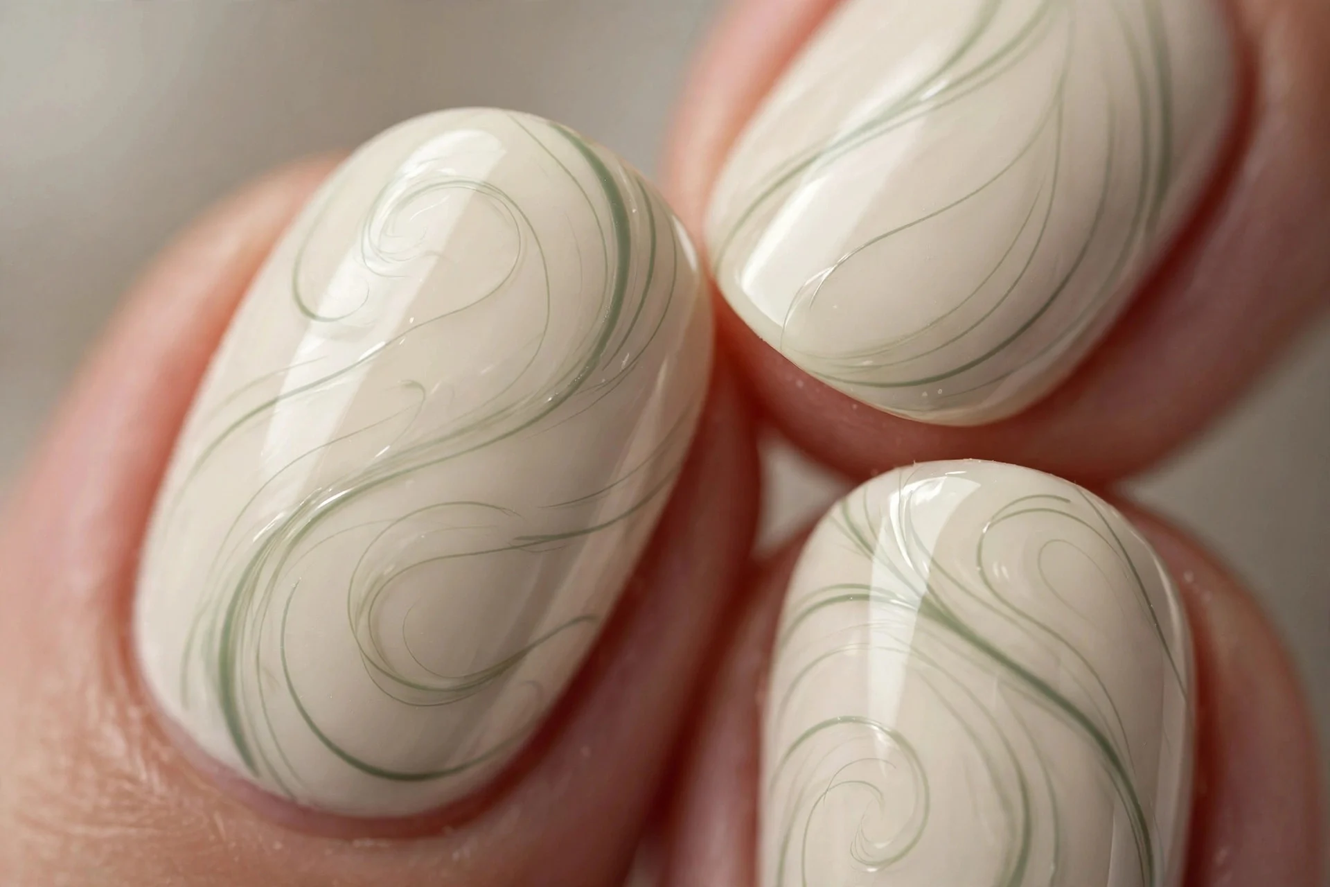 Oval cream nails with thin sage green swirl lines, glossy, neutral background
