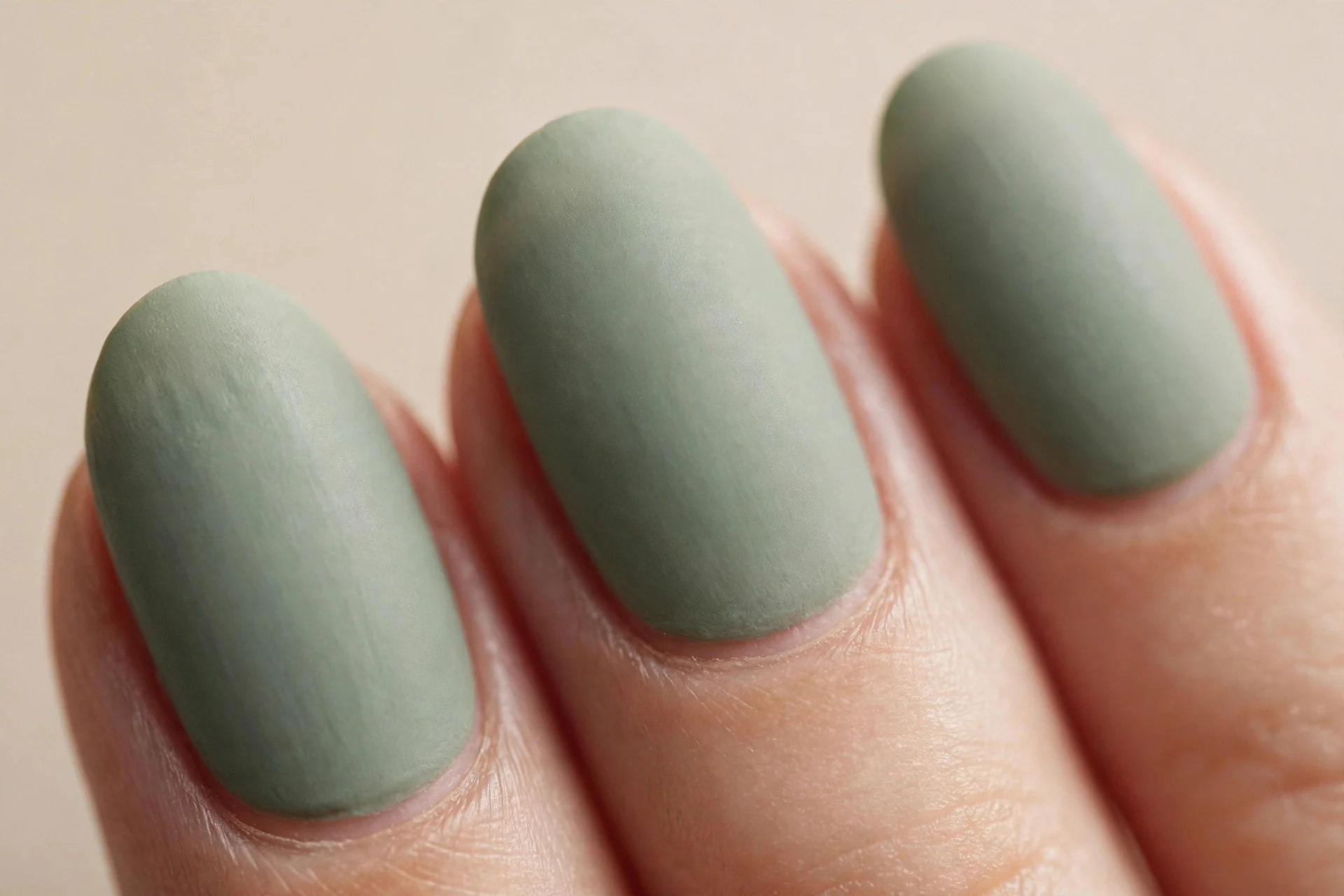 Short almond nails in matte sage green, soft finish, beige background