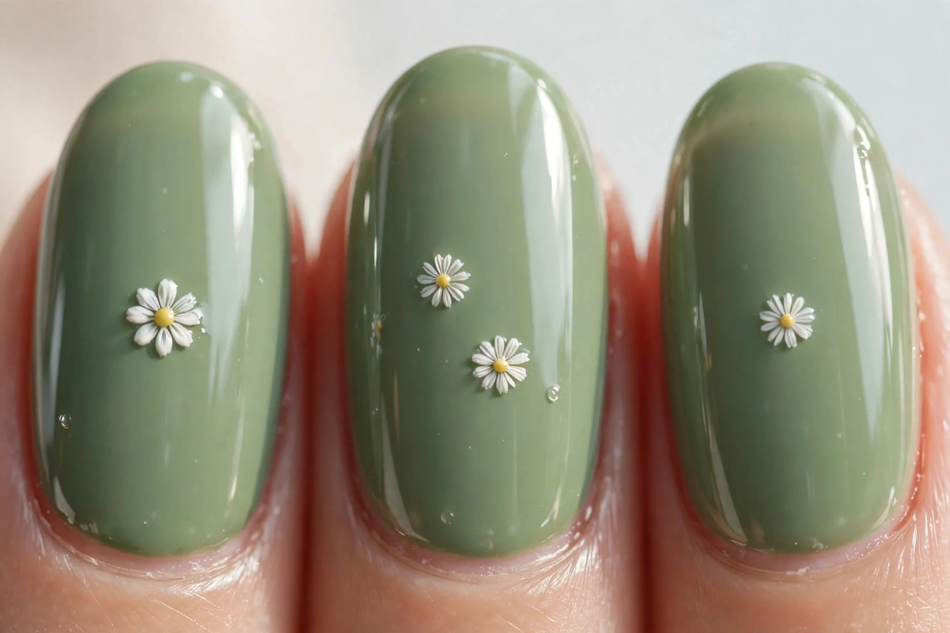 Oval sage green nails with tiny white daisy art, glossy, light background