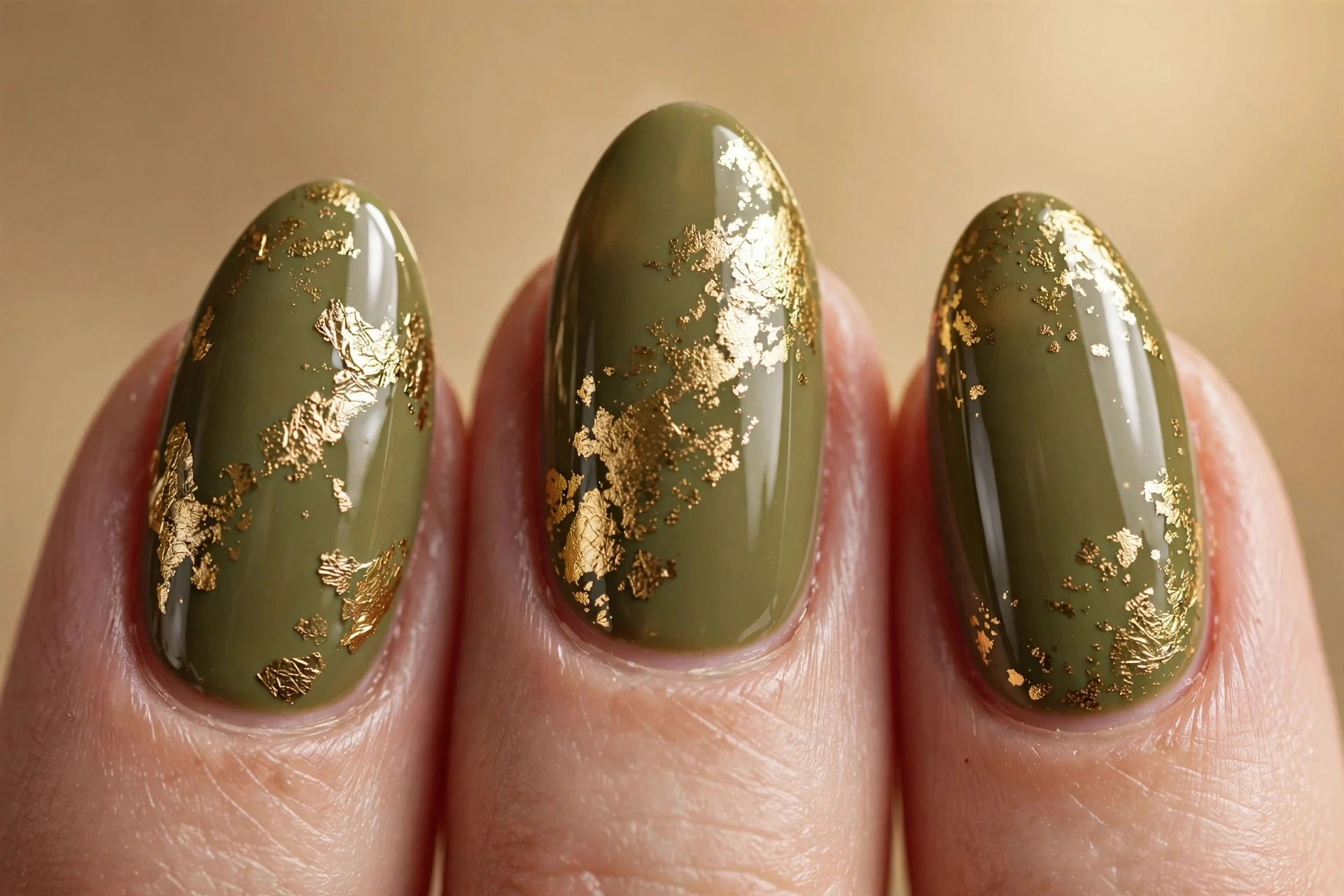 Almond olive green nails with gold foil accents, glossy, warm background