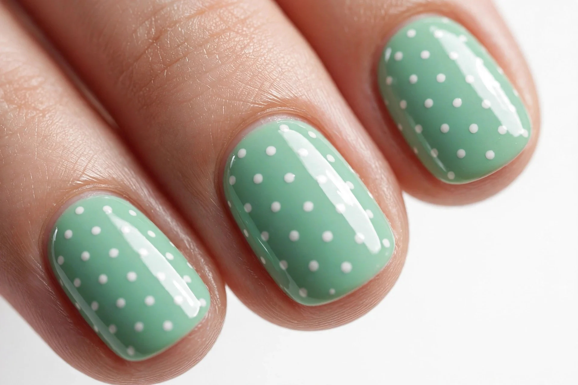 Short oval mint green nails with white polka dots, glossy, white background
