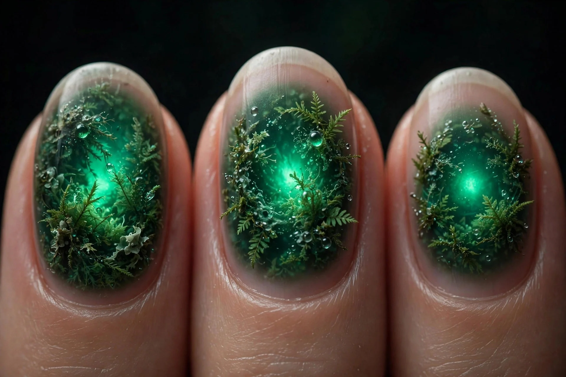 Oval nails with deep forest aura glowing emerald at centre, dark background