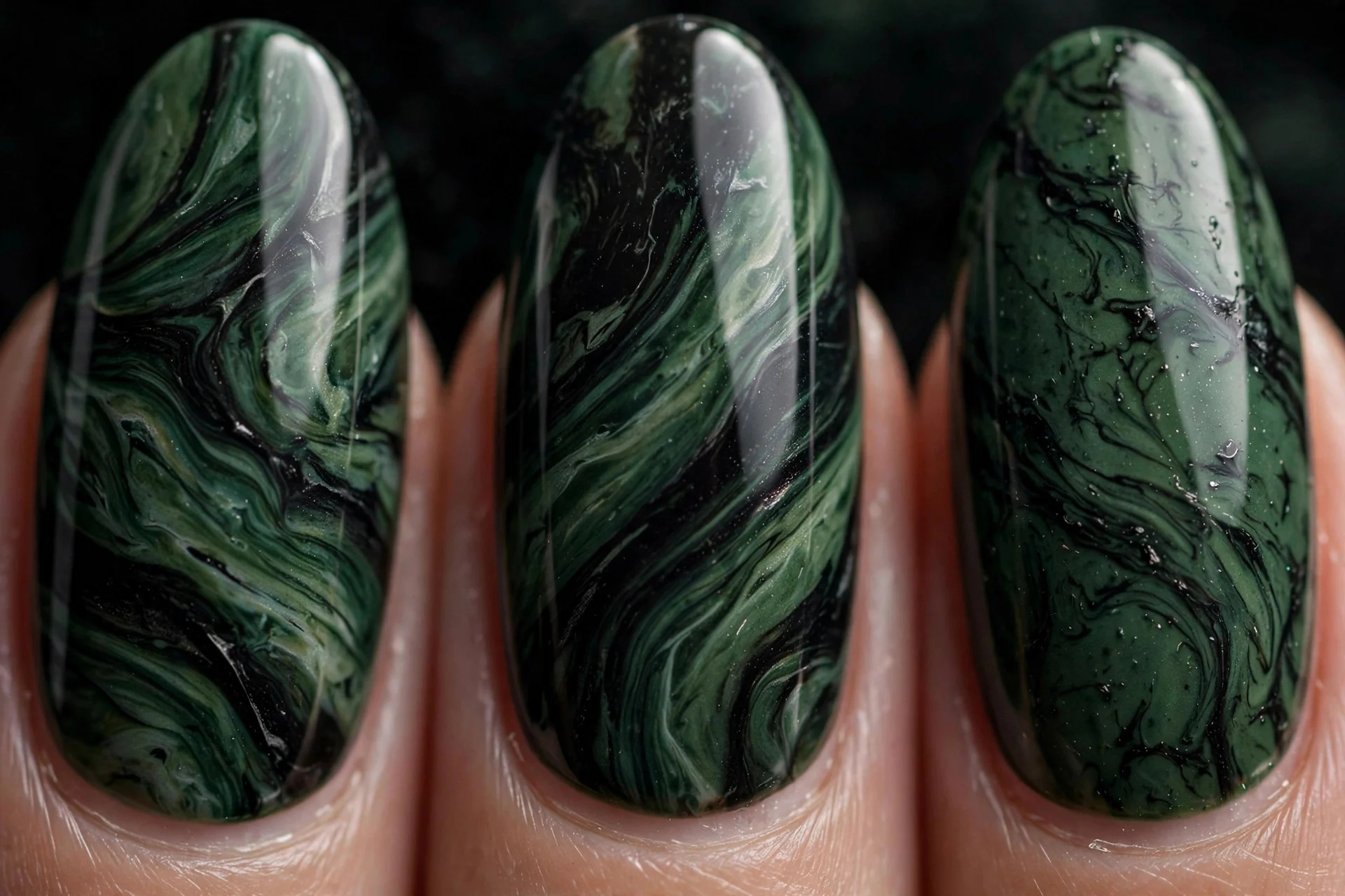 Almond nails with forest green and black marble swirls, glossy, dark background