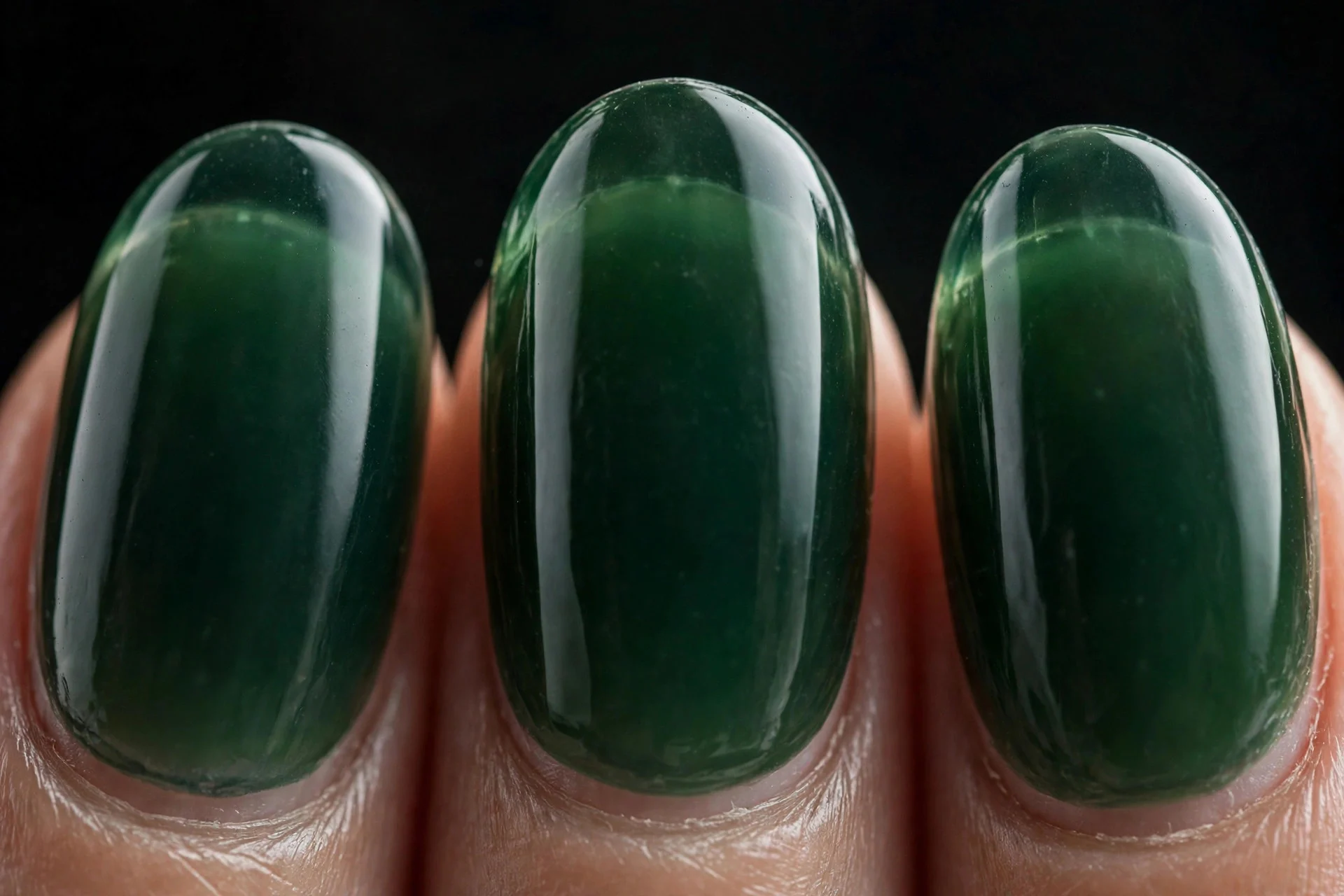 Oval nails in translucent deep forest green jelly, glassy, dark background