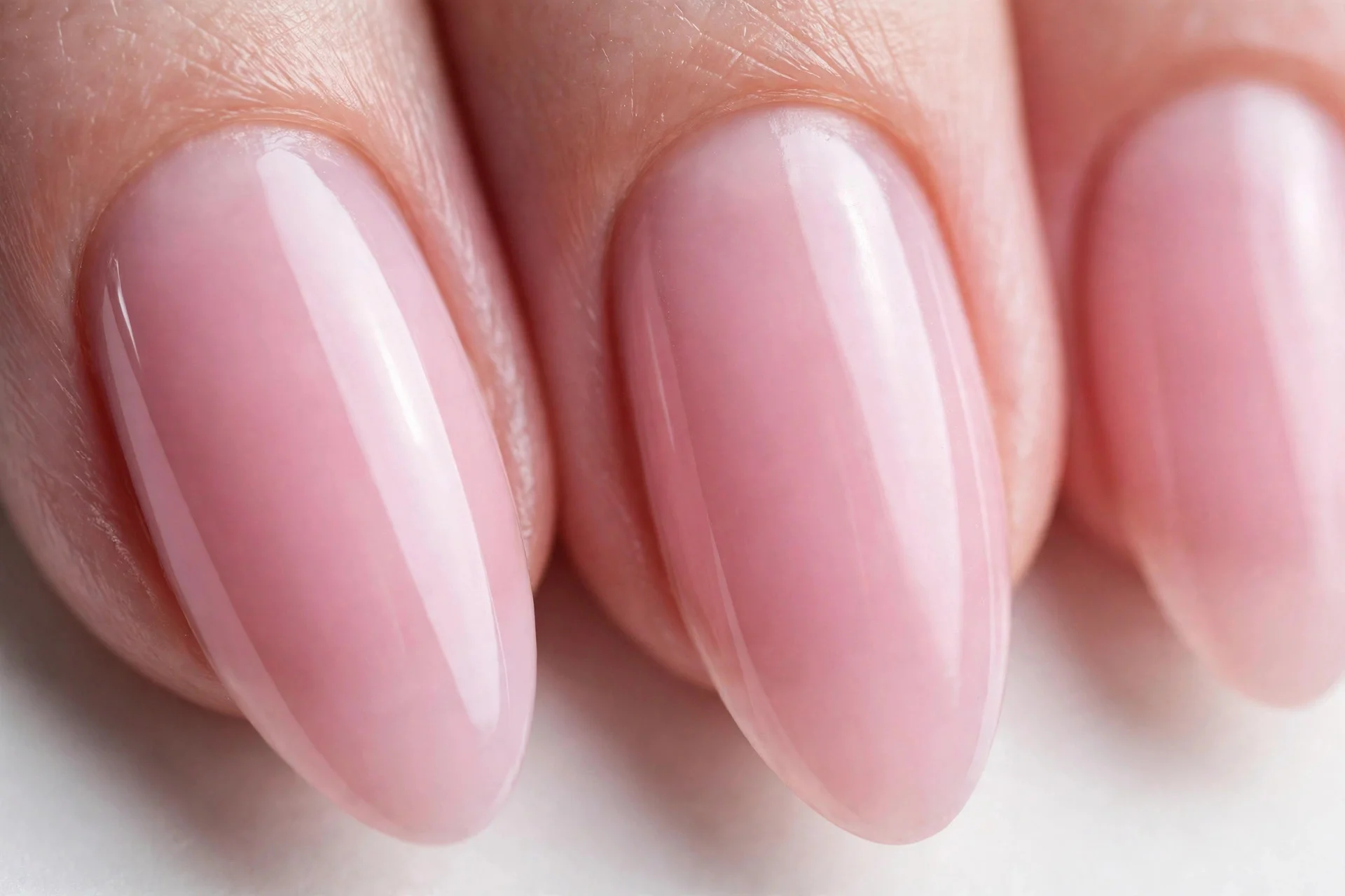 Almond nails with semi-sheer cool-toned strawberry milk pink, glossy, pale background