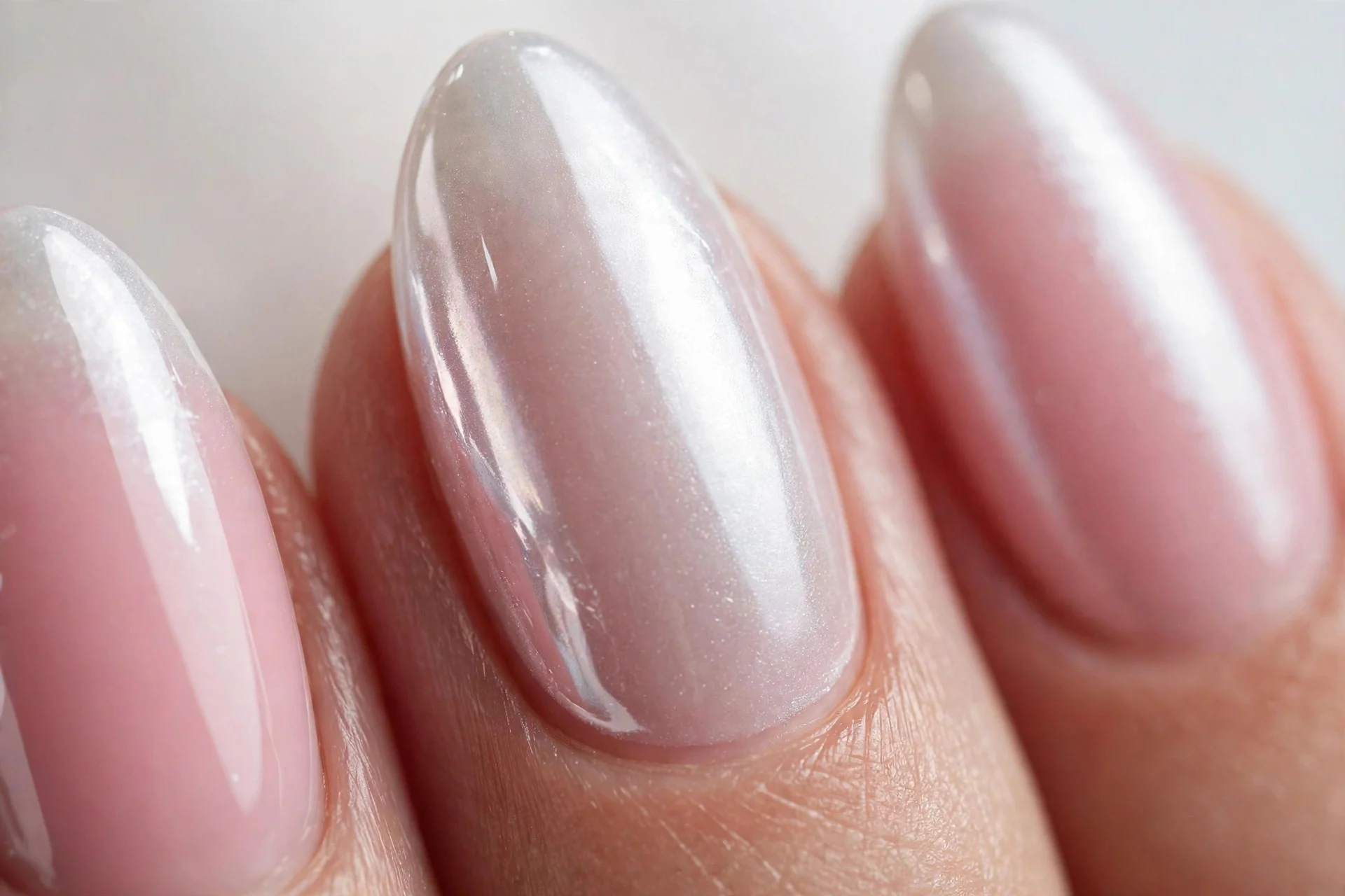 Almond nails with cool strawberry milk pink under white pearl chrome, icy finish, glossy, light background
