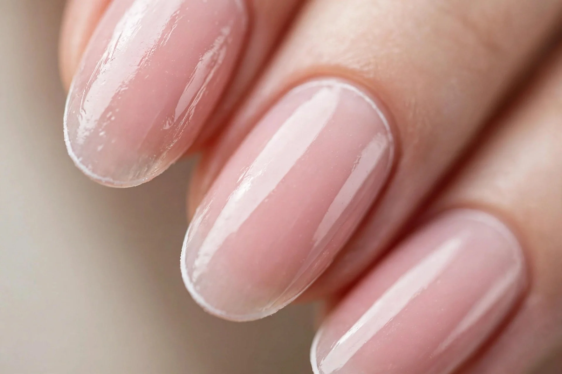 Almond nails with sheer strawberry milk base and thin white micro-French tips, glossy, beige background